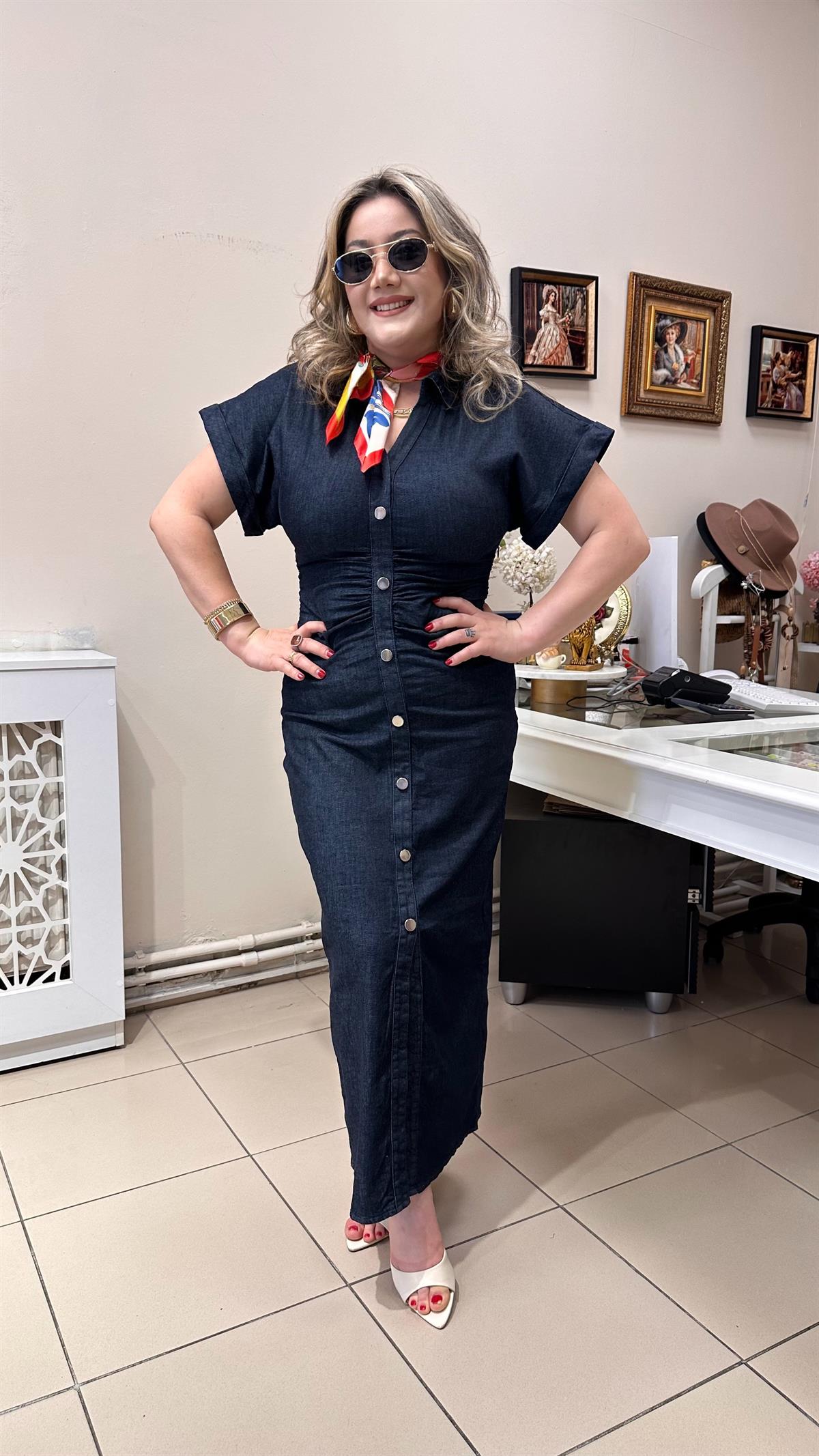 LİKRALI DRAPE DETAYLI JEAN ELBİSE