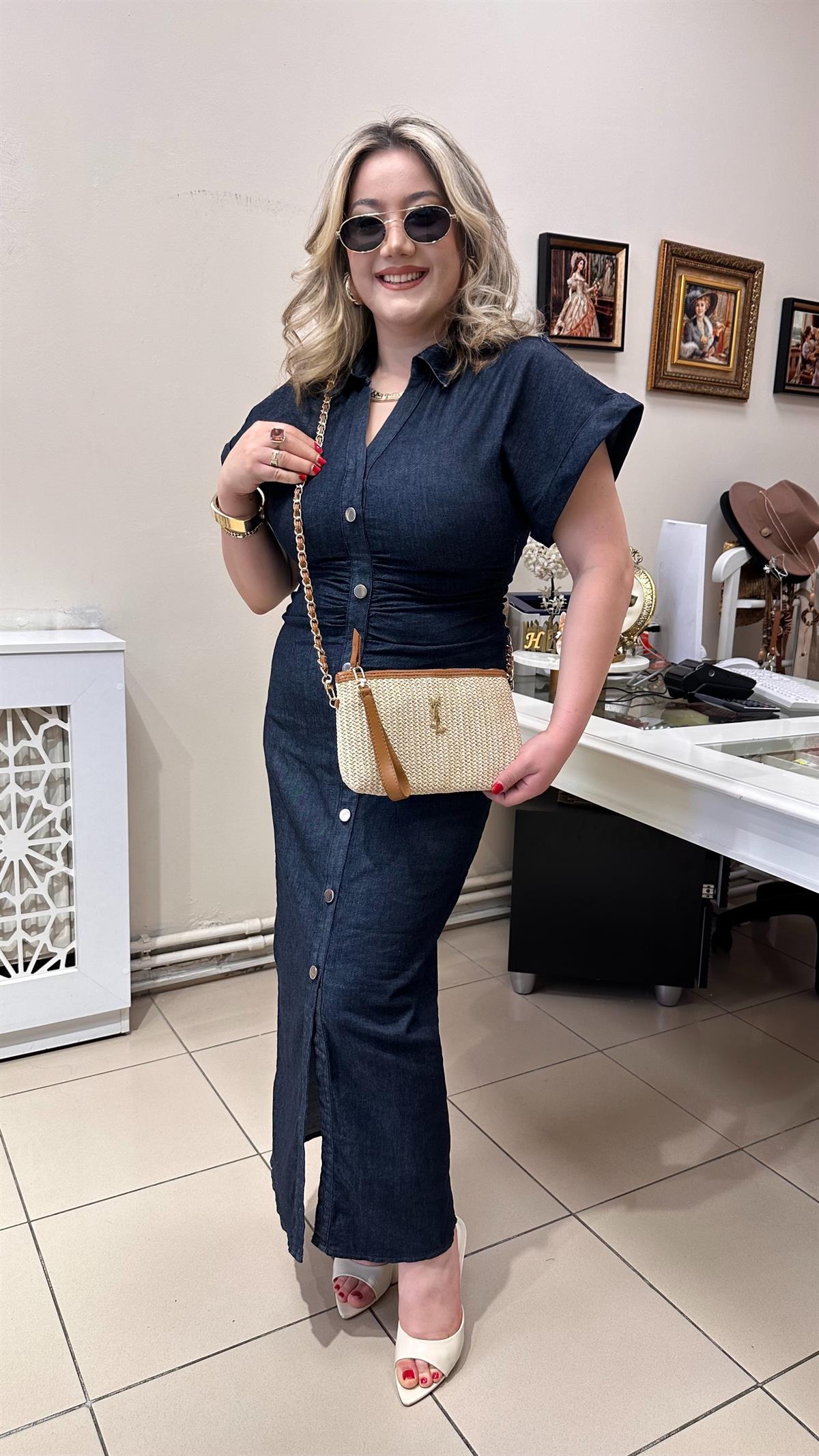 LİKRALI DRAPE DETAYLI JEAN ELBİSE