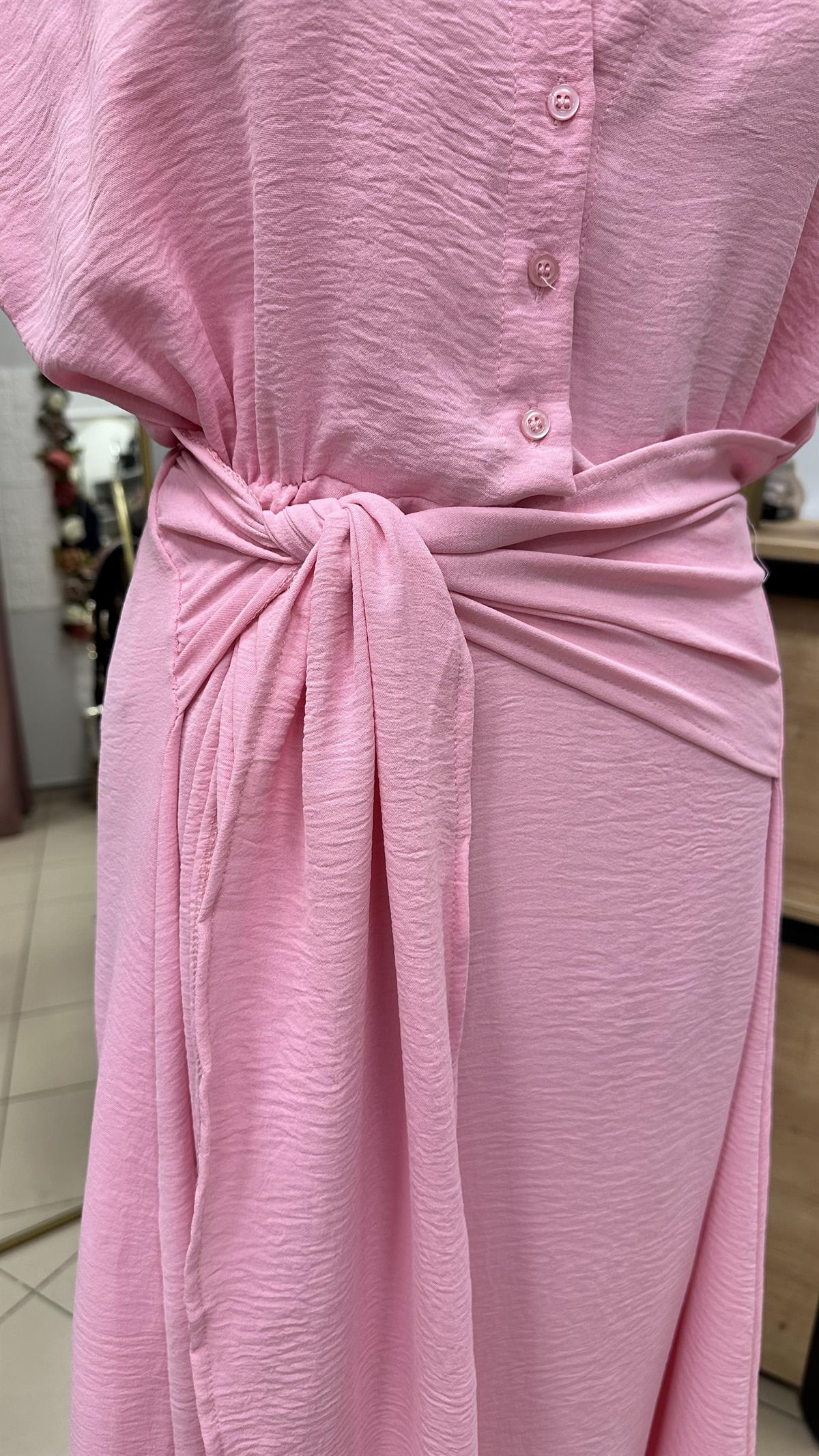 MARKA MODEL BELİ KUŞAKLI MİDİ BOY KLOŞ ELBİSE ŞEKER PEMBE
