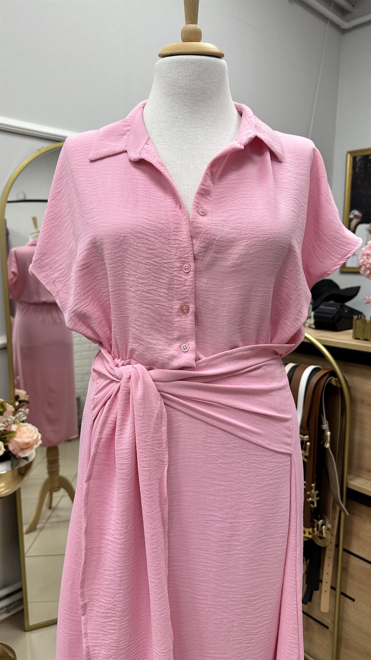 MARKA MODEL BELİ KUŞAKLI MİDİ BOY KLOŞ ELBİSE ŞEKER PEMBE