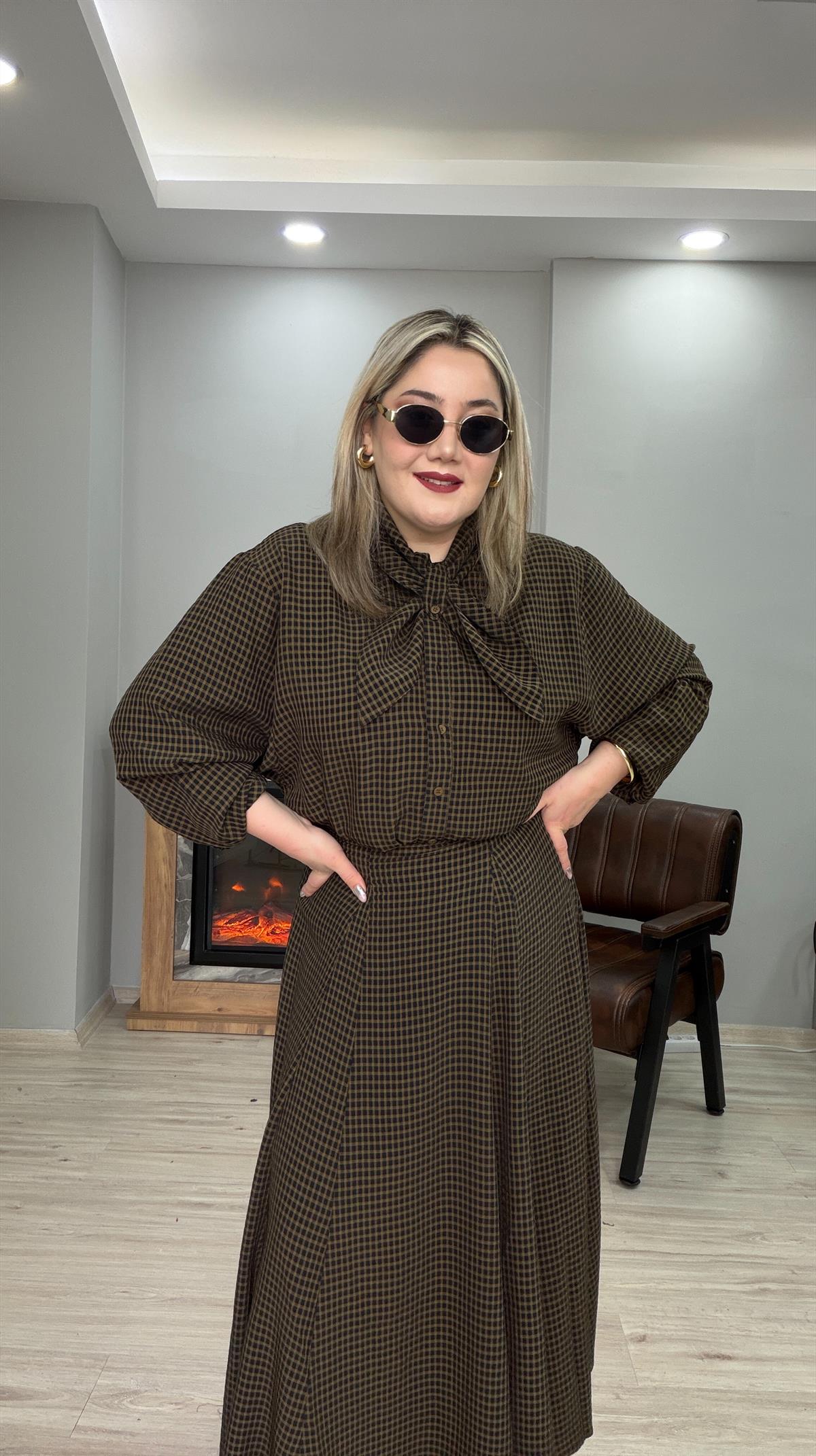 MİNİ EKOSE DESEN FULAR YAKA GÖMLEK HAKİ