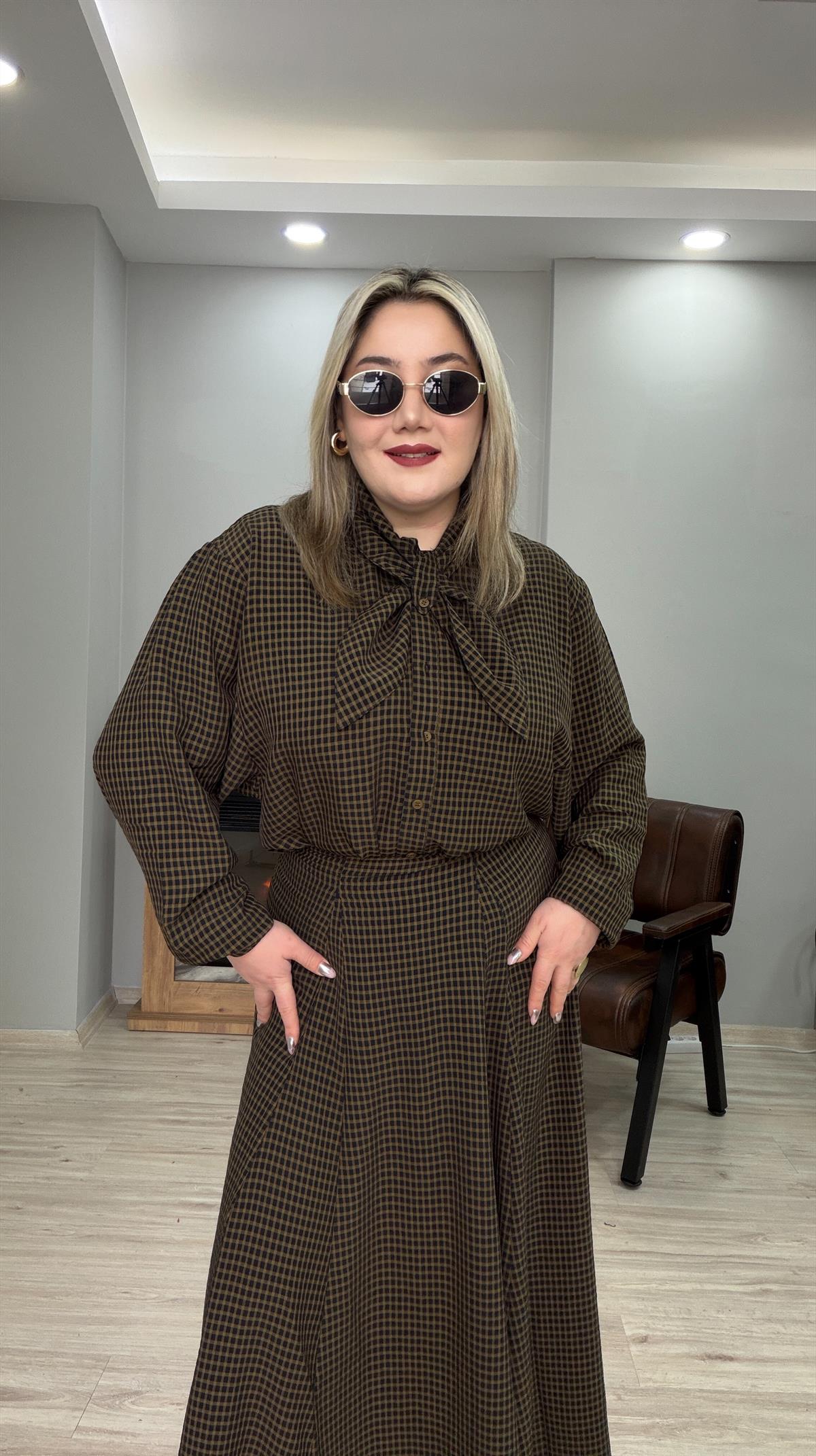 MİNİ EKOSE DESEN FULAR YAKA GÖMLEK HAKİ