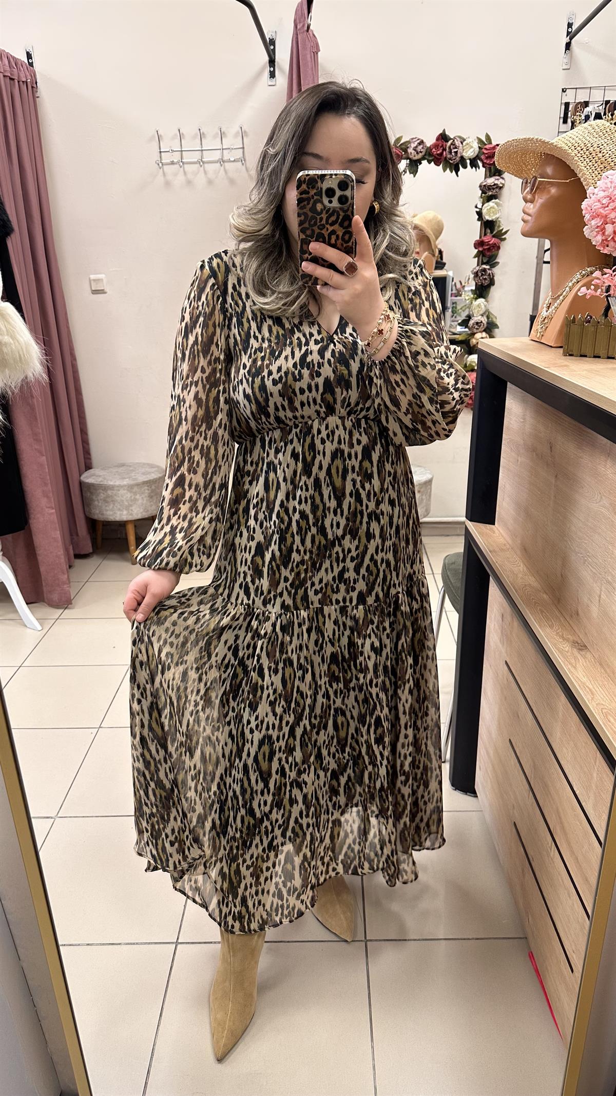 MNG LEOPAR DESEN İÇ ASTARLI ŞİFON ELBİSE
