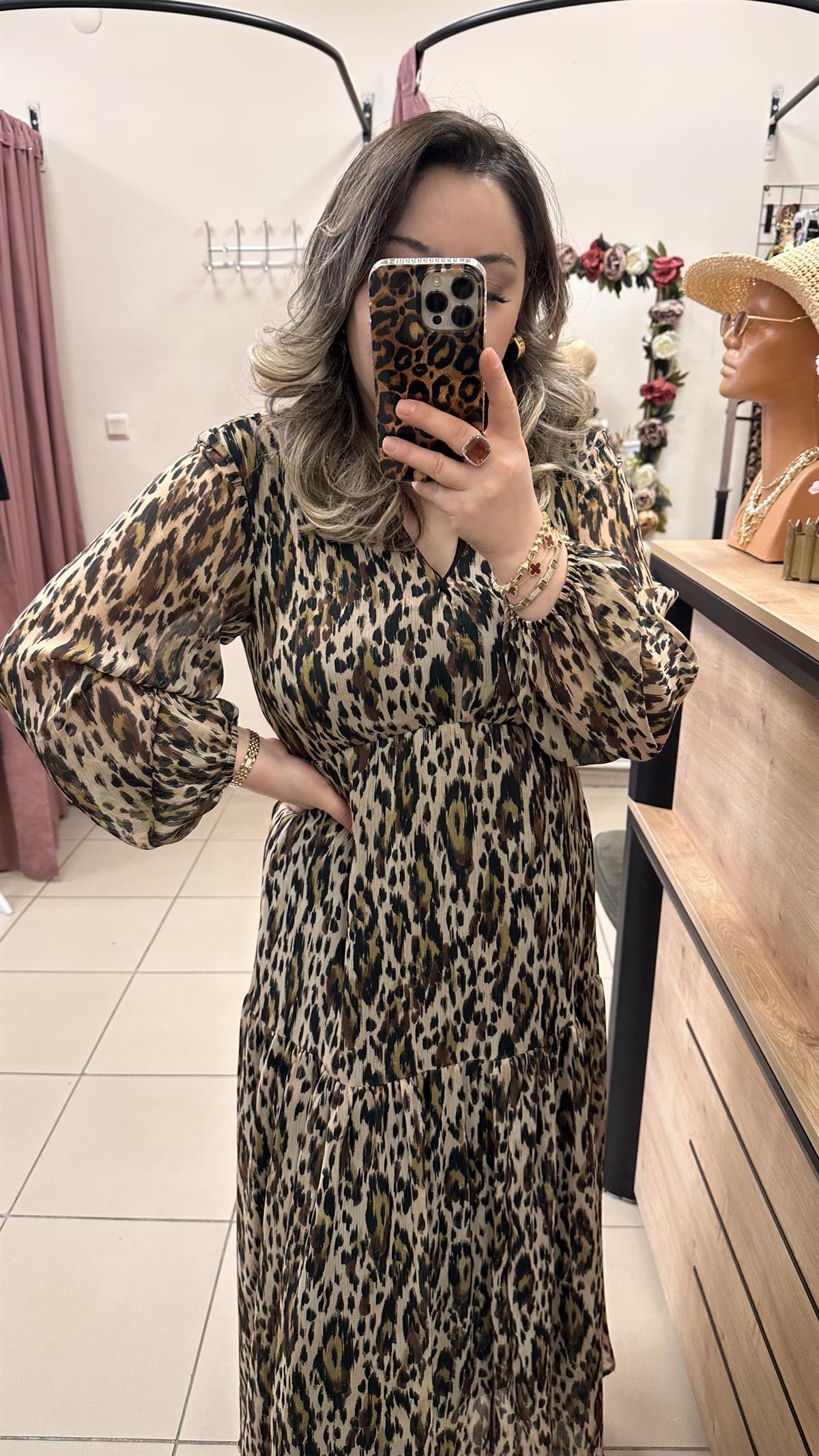 MNG LEOPAR DESEN İÇ ASTARLI ŞİFON ELBİSE