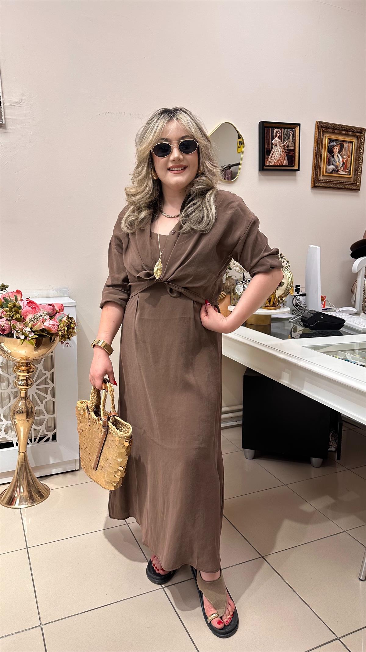 MODAL GÖMLEKLİ ELBİSE TAKIM KAHVE