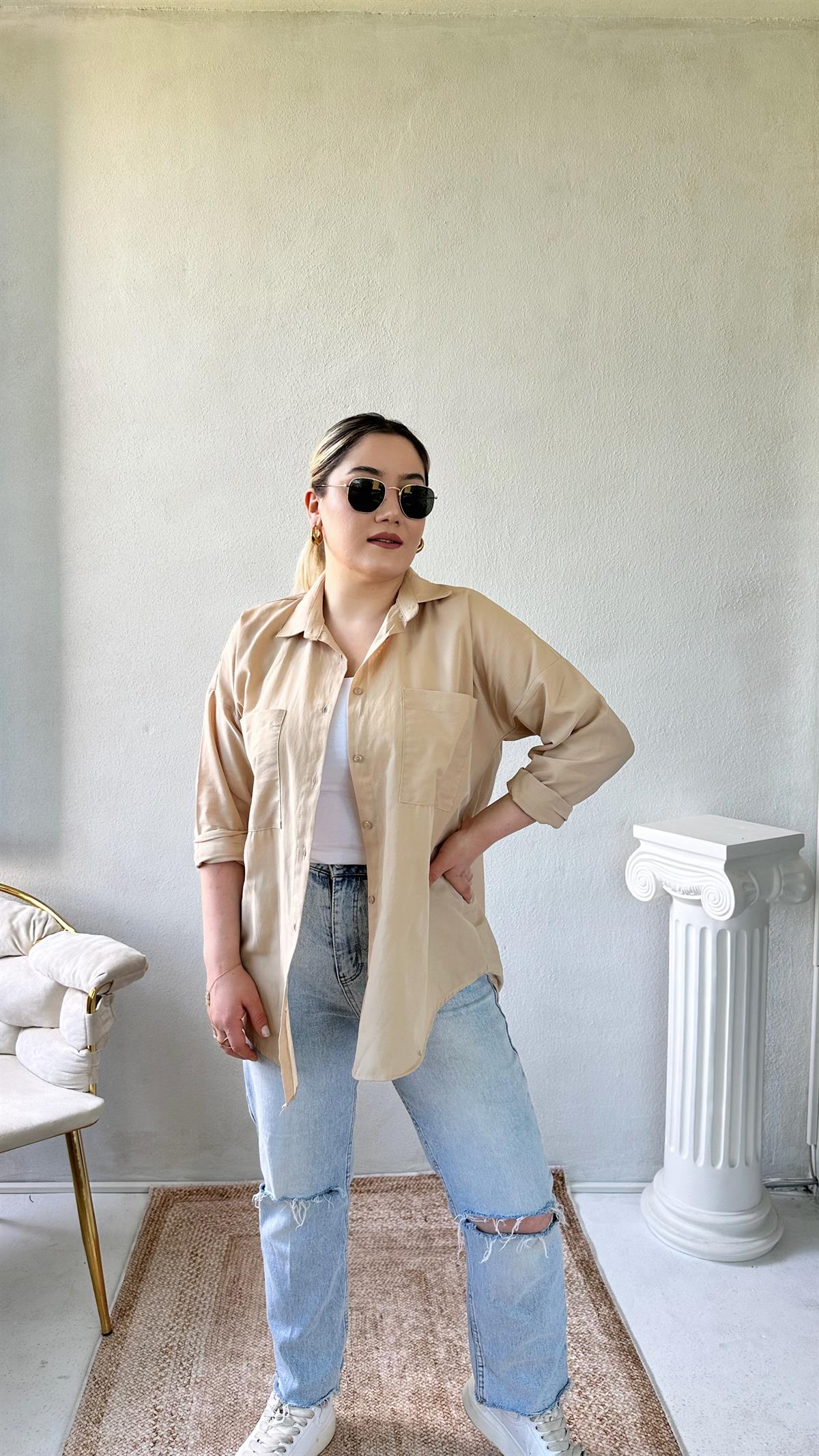 Oversize Cepli Poplin Gömlek Bej