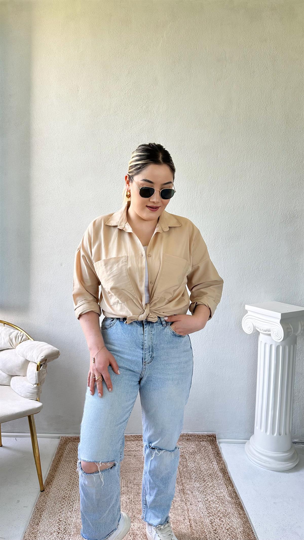 Oversize Cepli Poplin Gömlek Bej