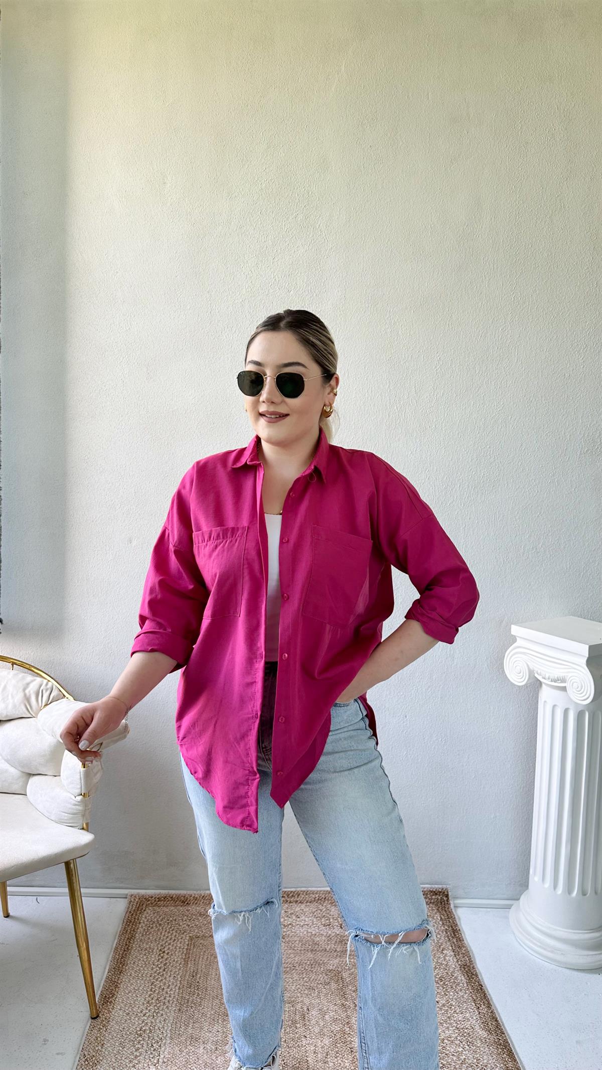 Oversize Cepli Poplin Gömlek Fuşya