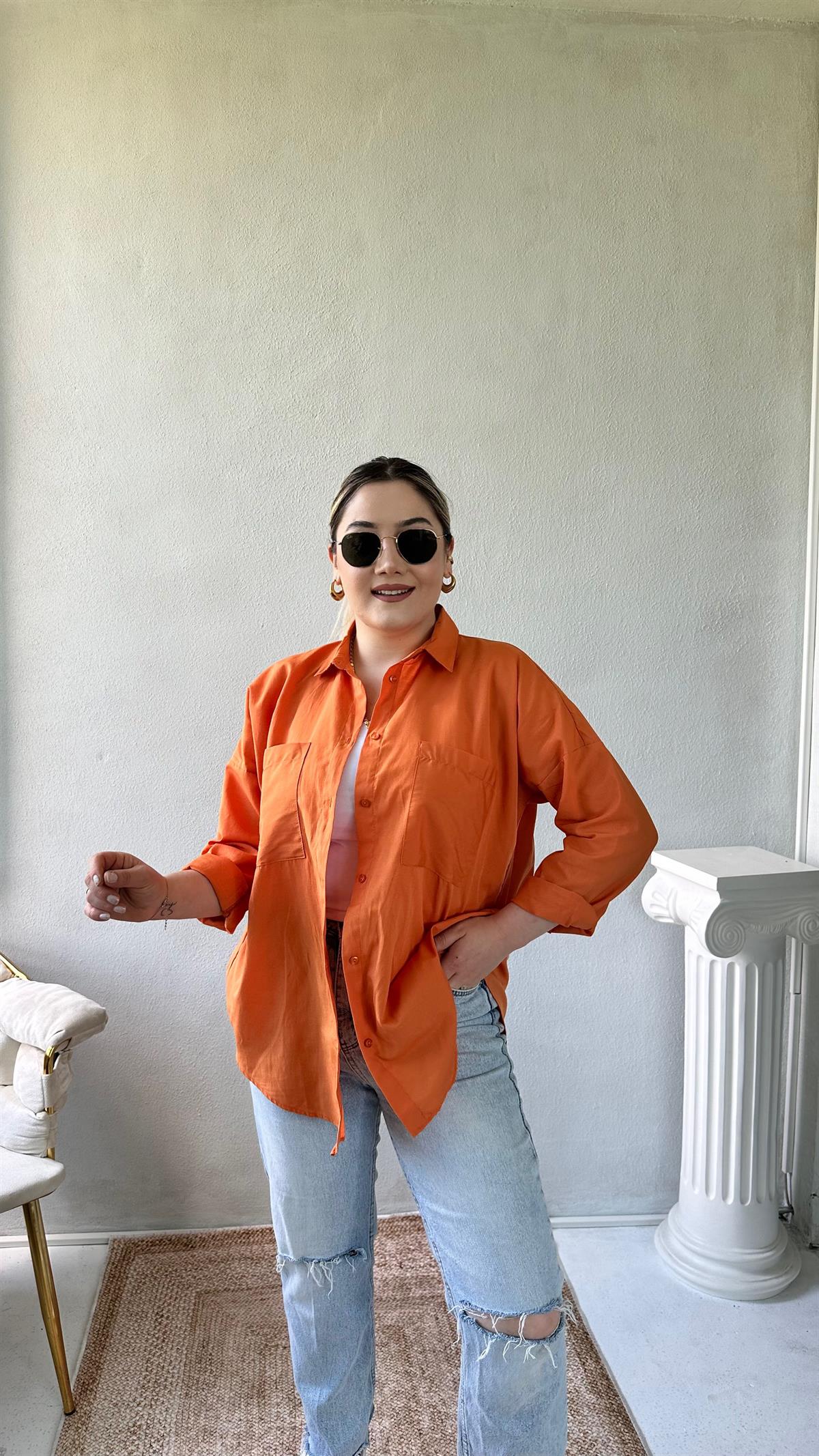 Oversize Cepli Poplin Gömlek Orange