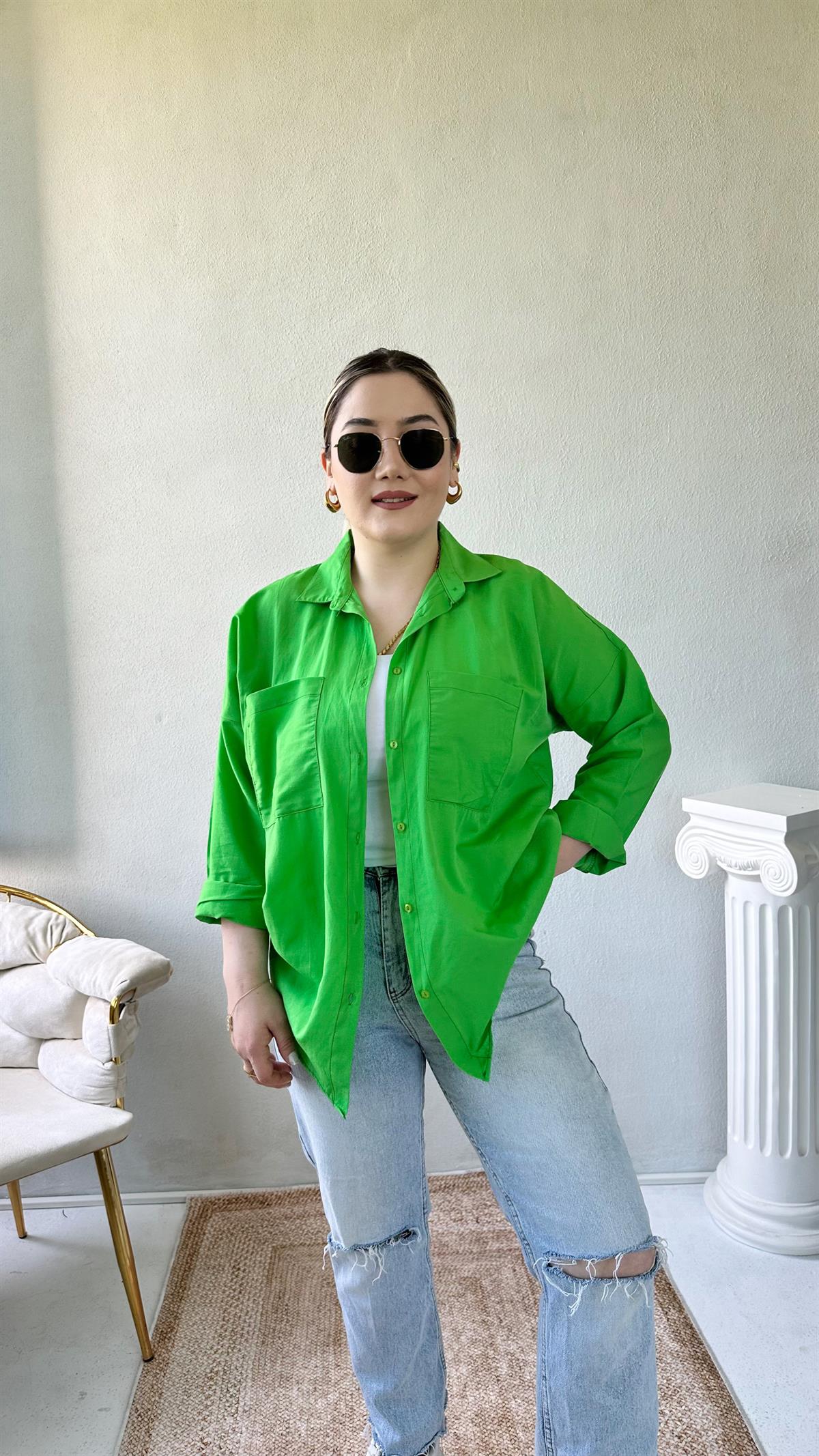 Oversize Cepli Poplin Gömlek Yeşil