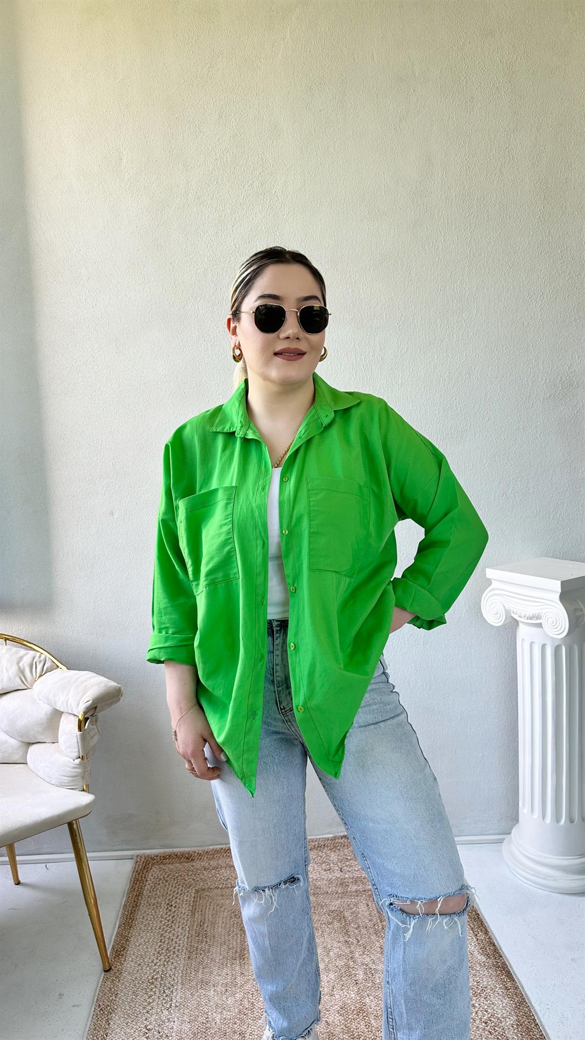 Oversize Cepli Poplin Gömlek Yeşil