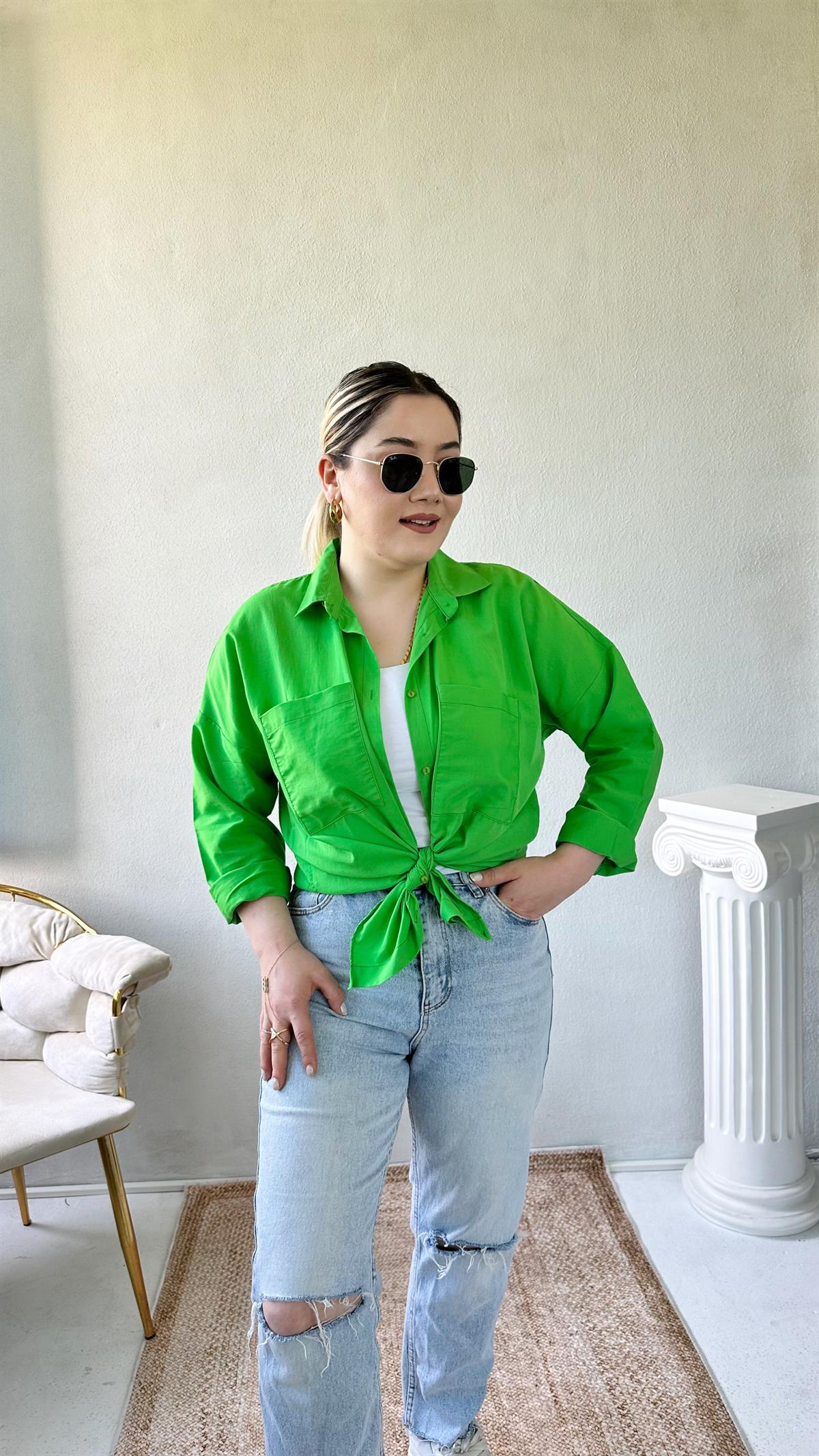 Oversize Cepli Poplin Gömlek Yeşil