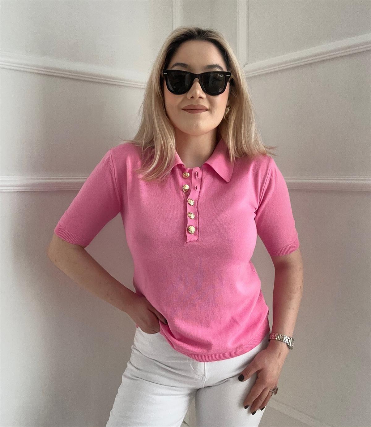 Pembe Gold düğmeli kısa kollu triko