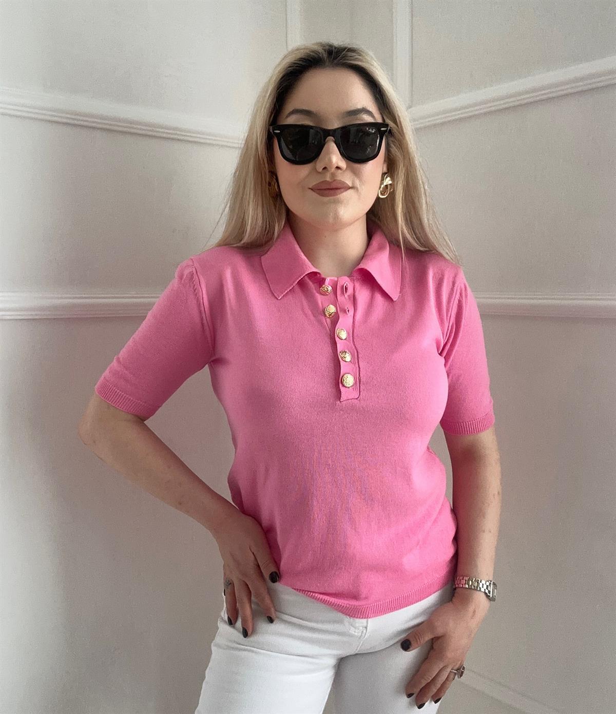 Pembe Gold düğmeli kısa kollu triko