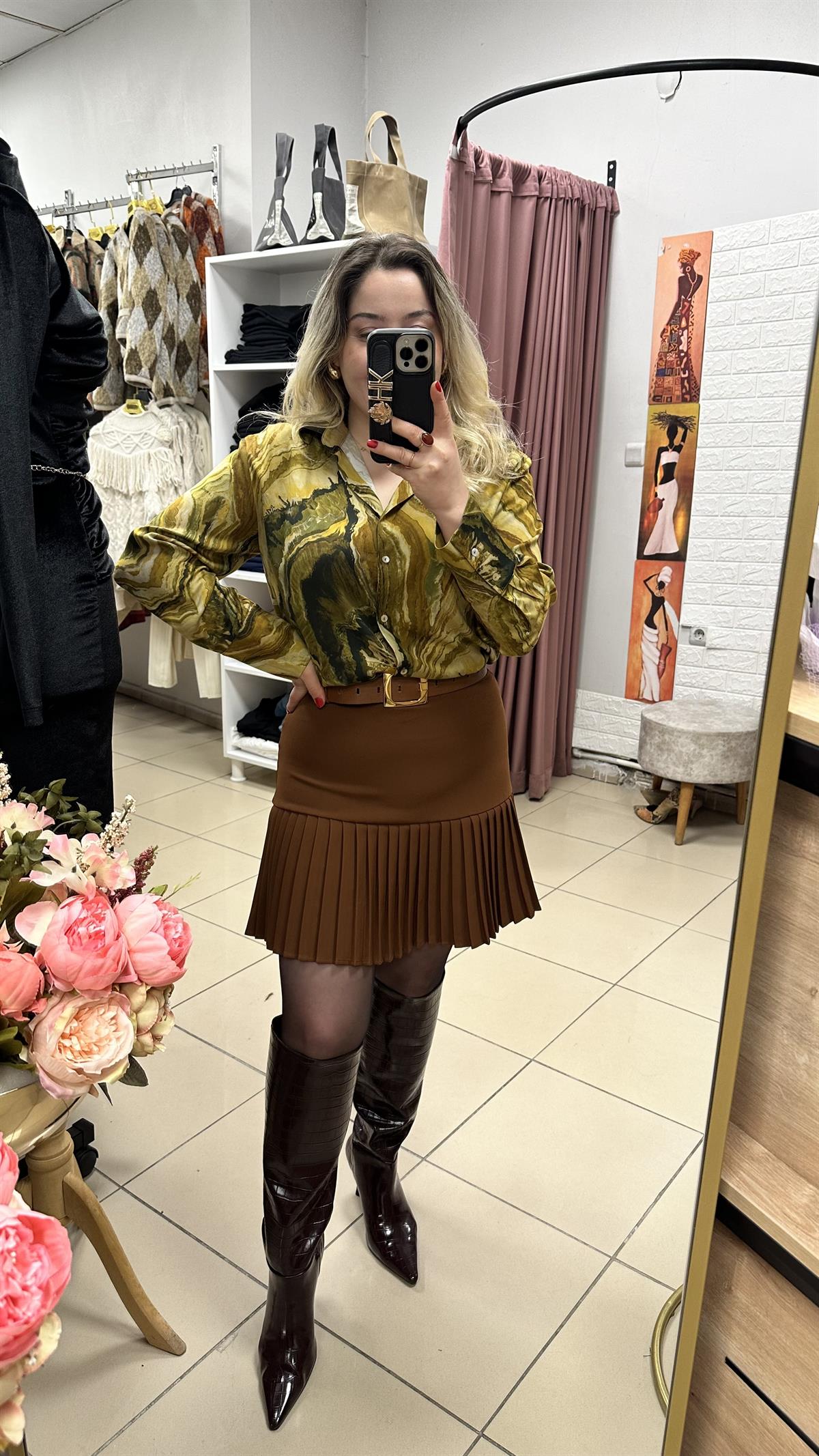 Pileli kumaş etek kahve