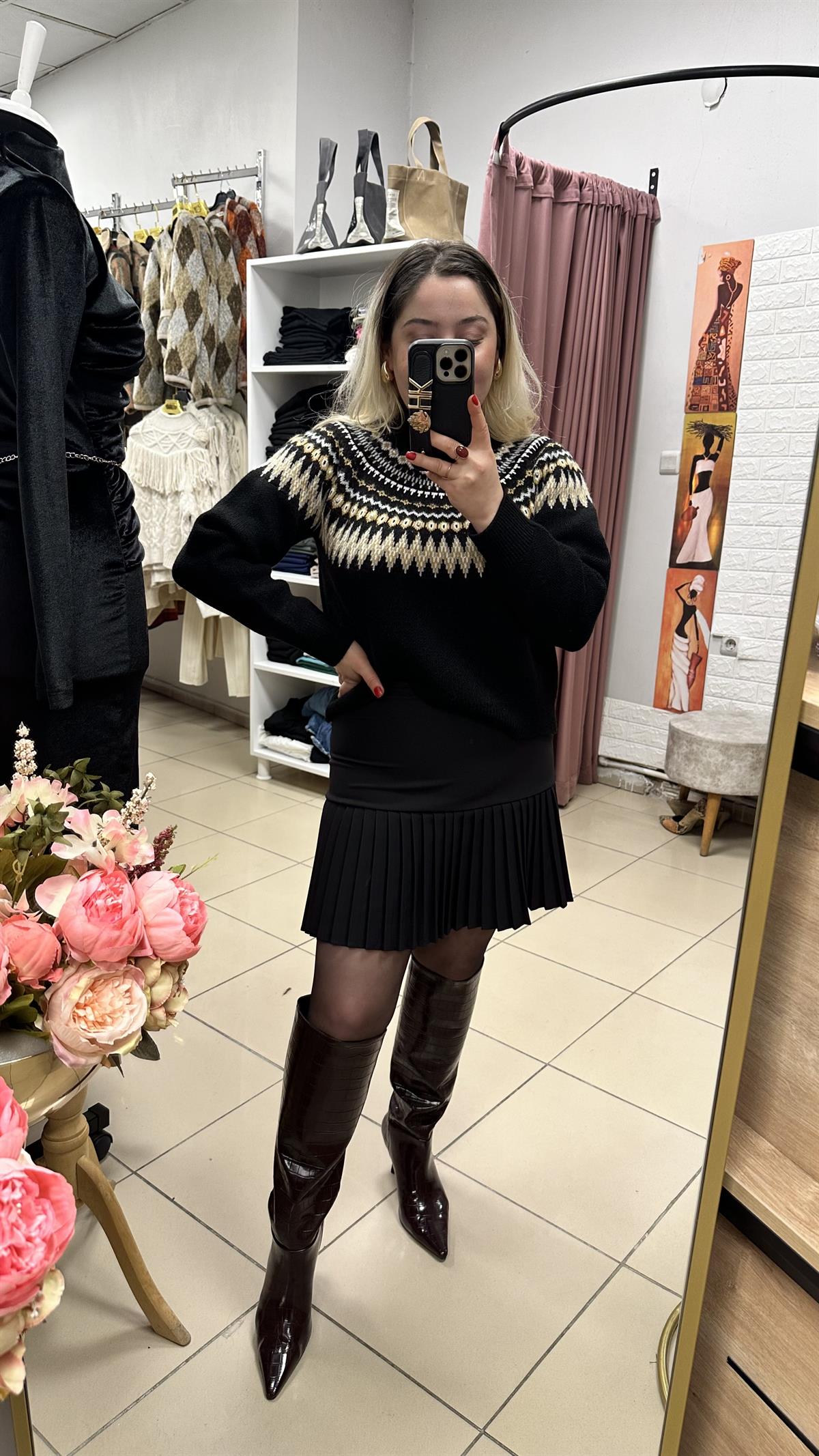 Pileli kumaş etek siyah