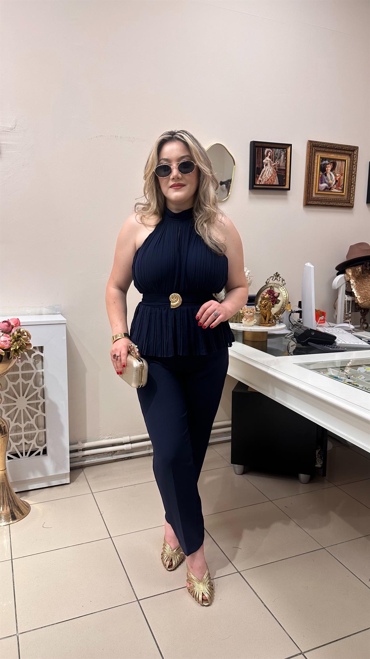 PİLİSELİ ŞİFON GOLD TOKALI BLUZ LACİVERT