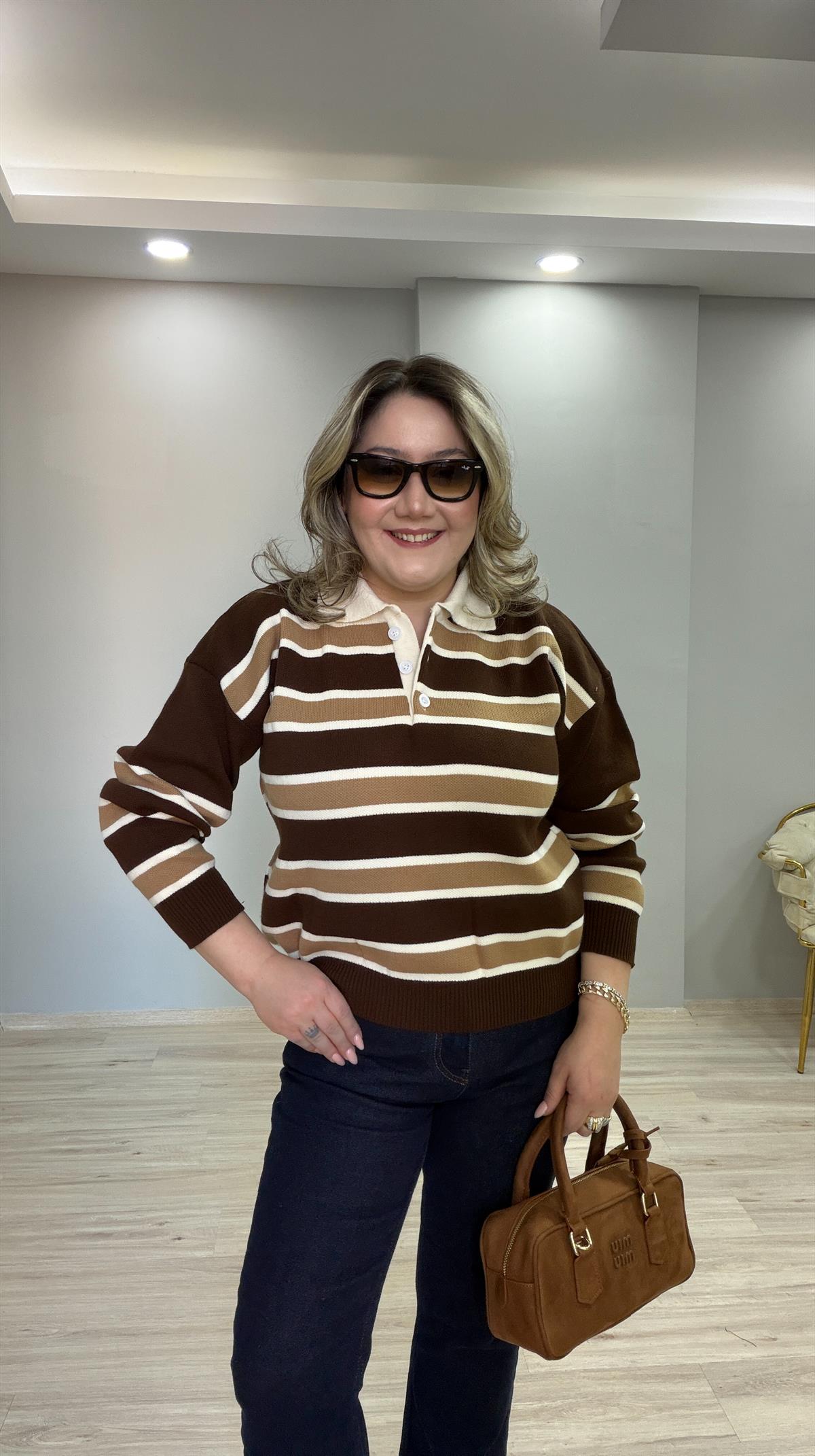 POLO YAKA ÇİZGİLİ KAZAK KAHVE
