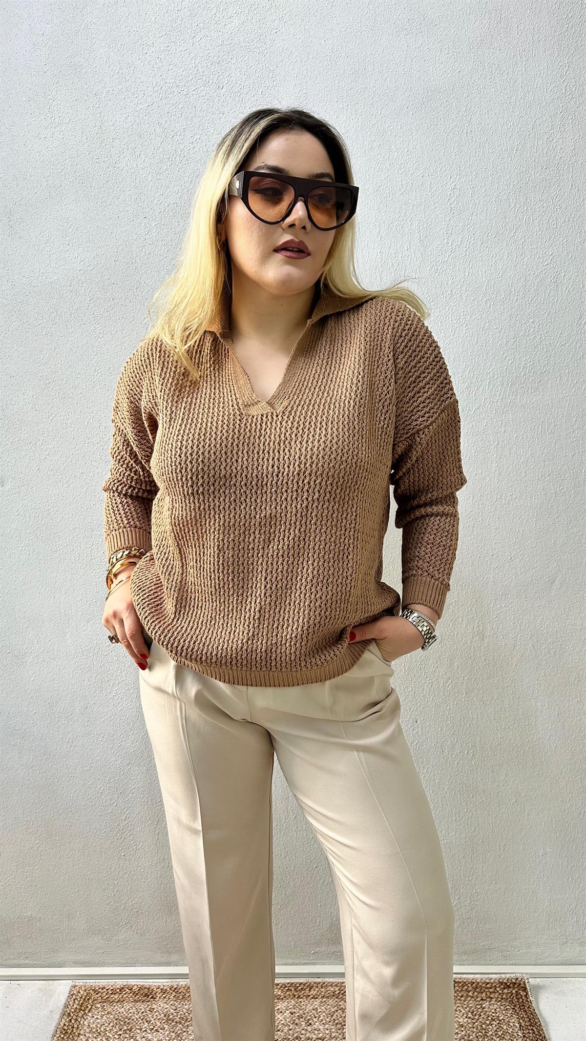 Polo Yaka Örgü Kazak Camel