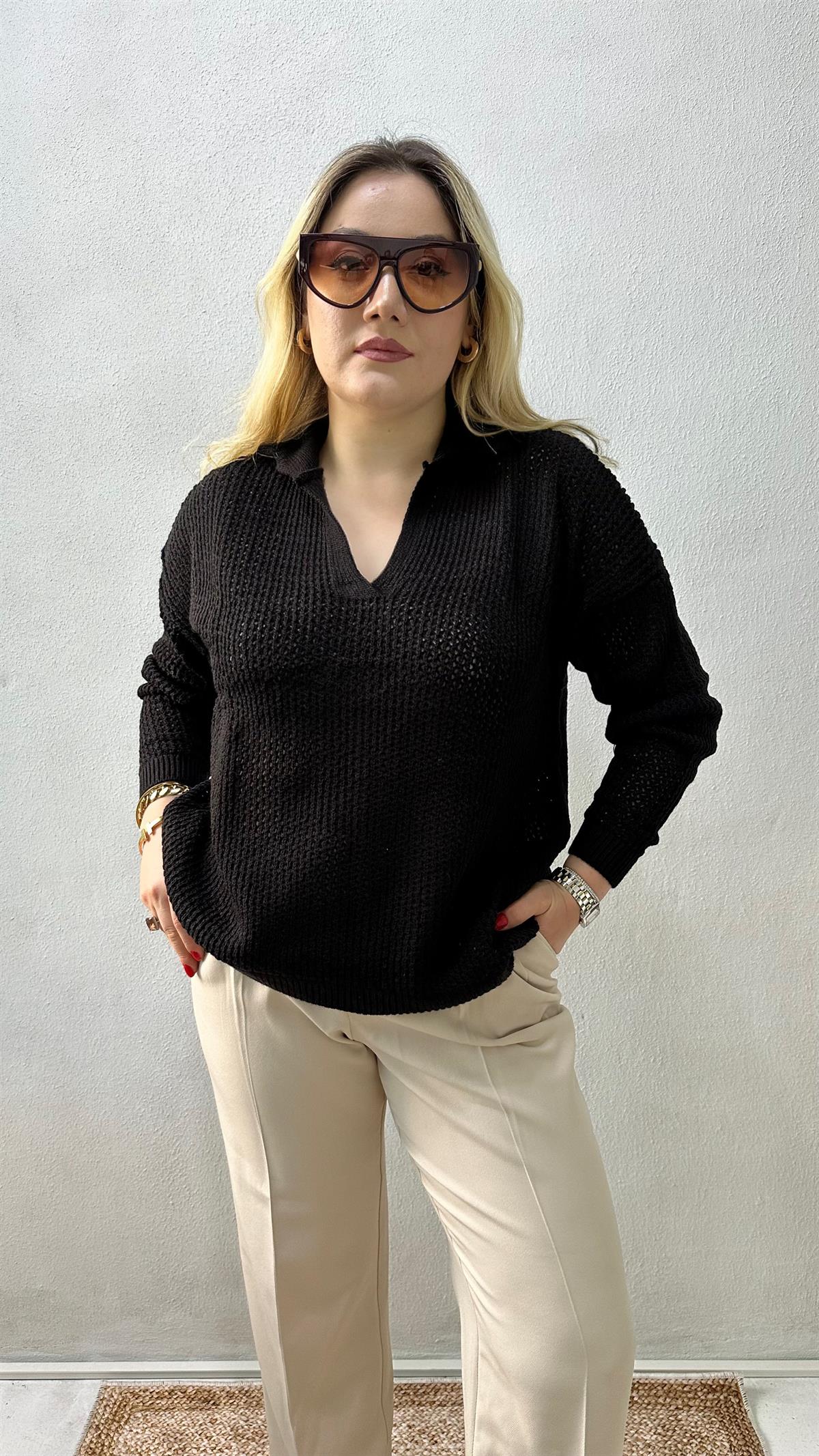 Polo Yaka Örgü Kazak Siyah