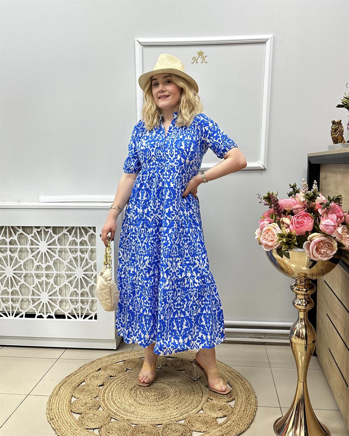 Saks Desenli Midi Elbise