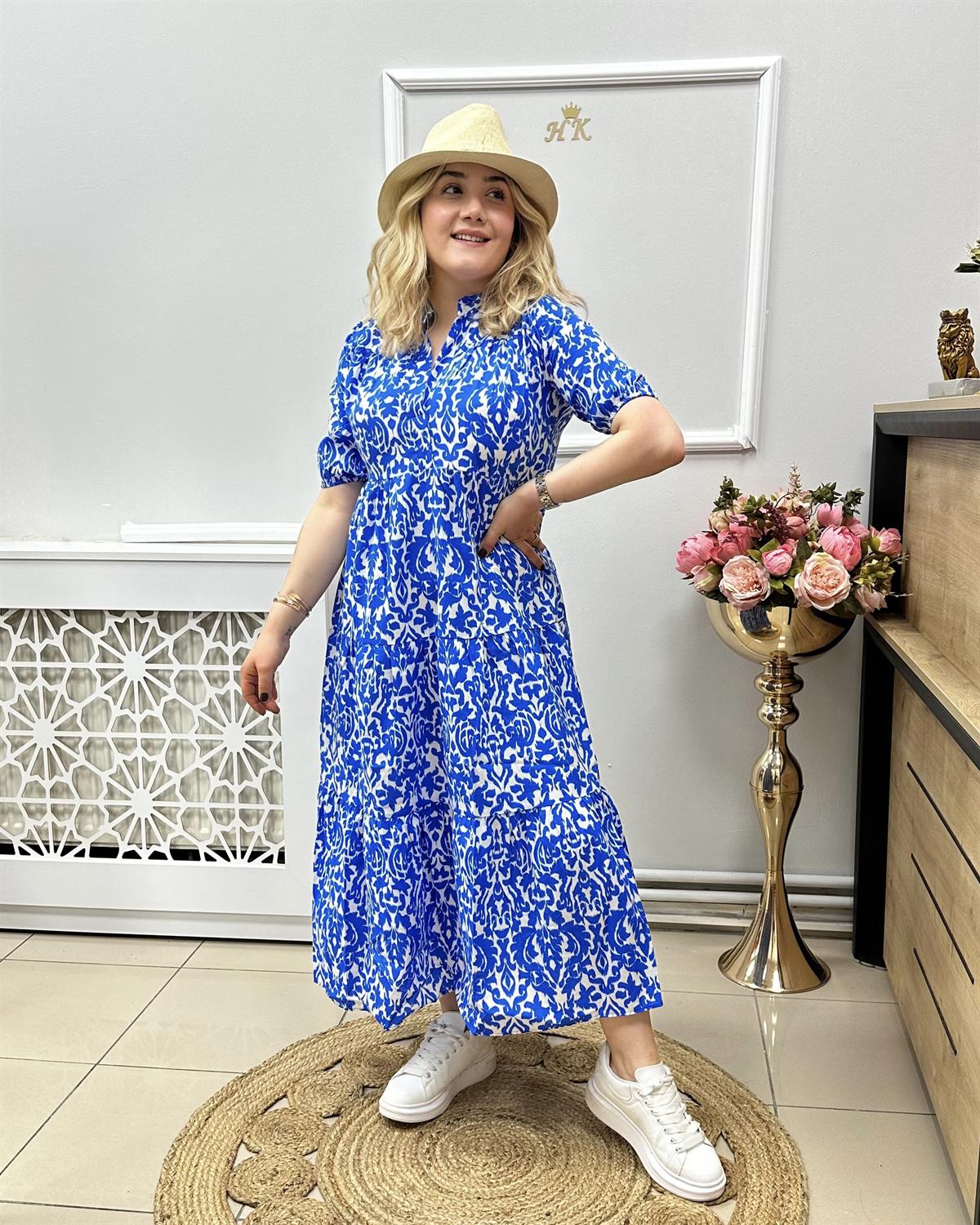 Saks Desenli Midi Elbise
