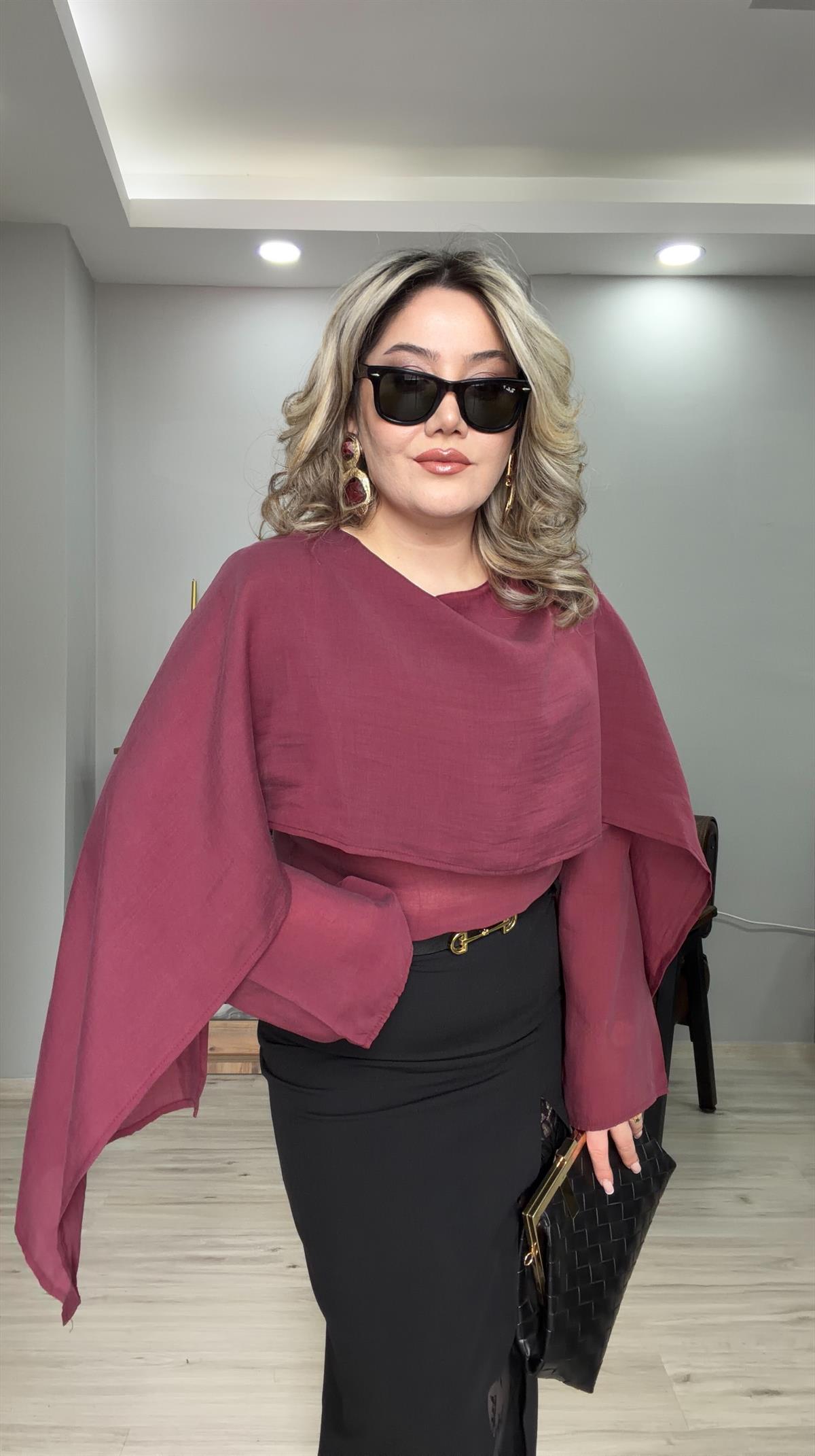 ŞAL YAKA TENSEL BLUZ BORDO