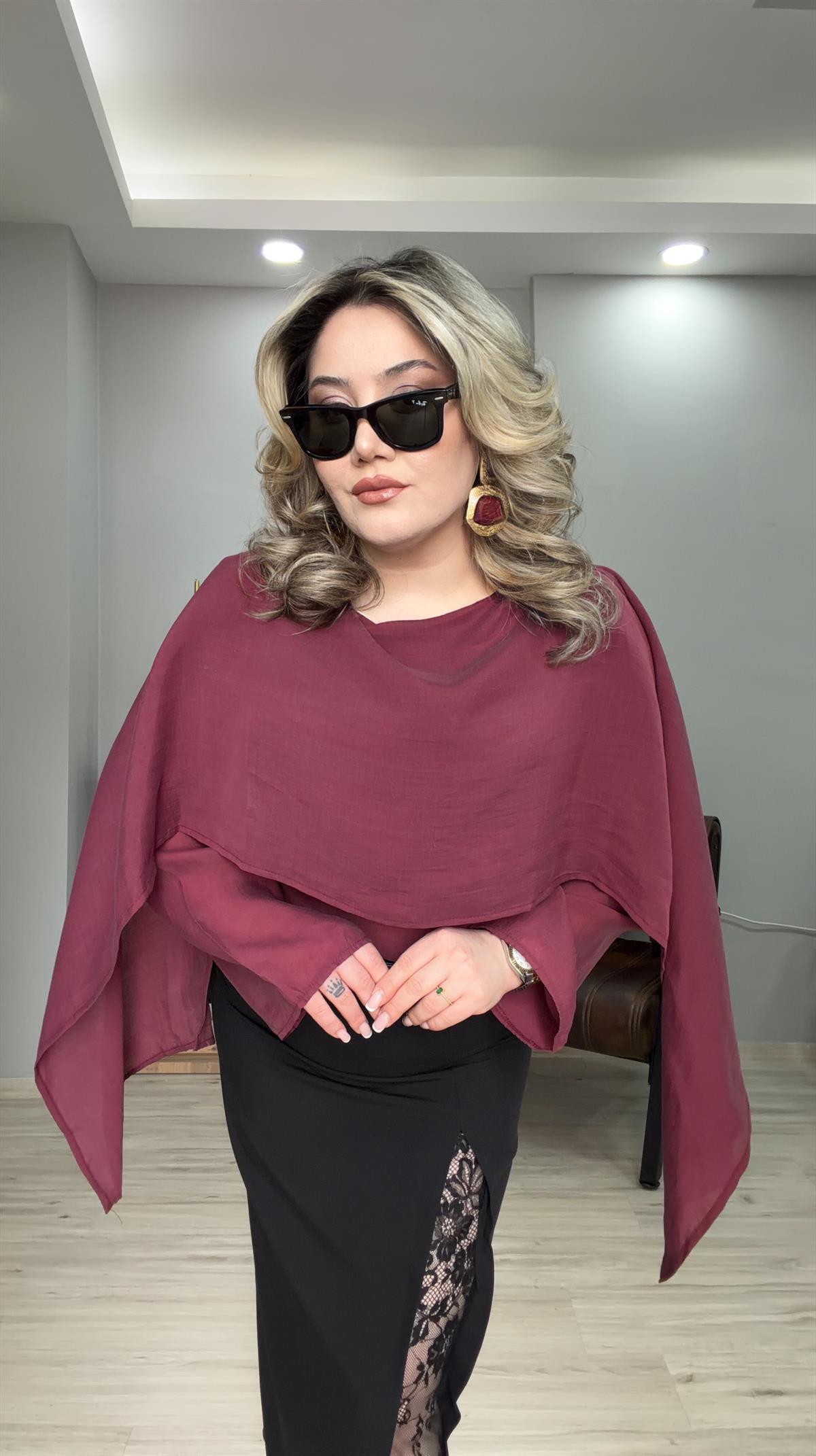 ŞAL YAKA TENSEL BLUZ BORDO