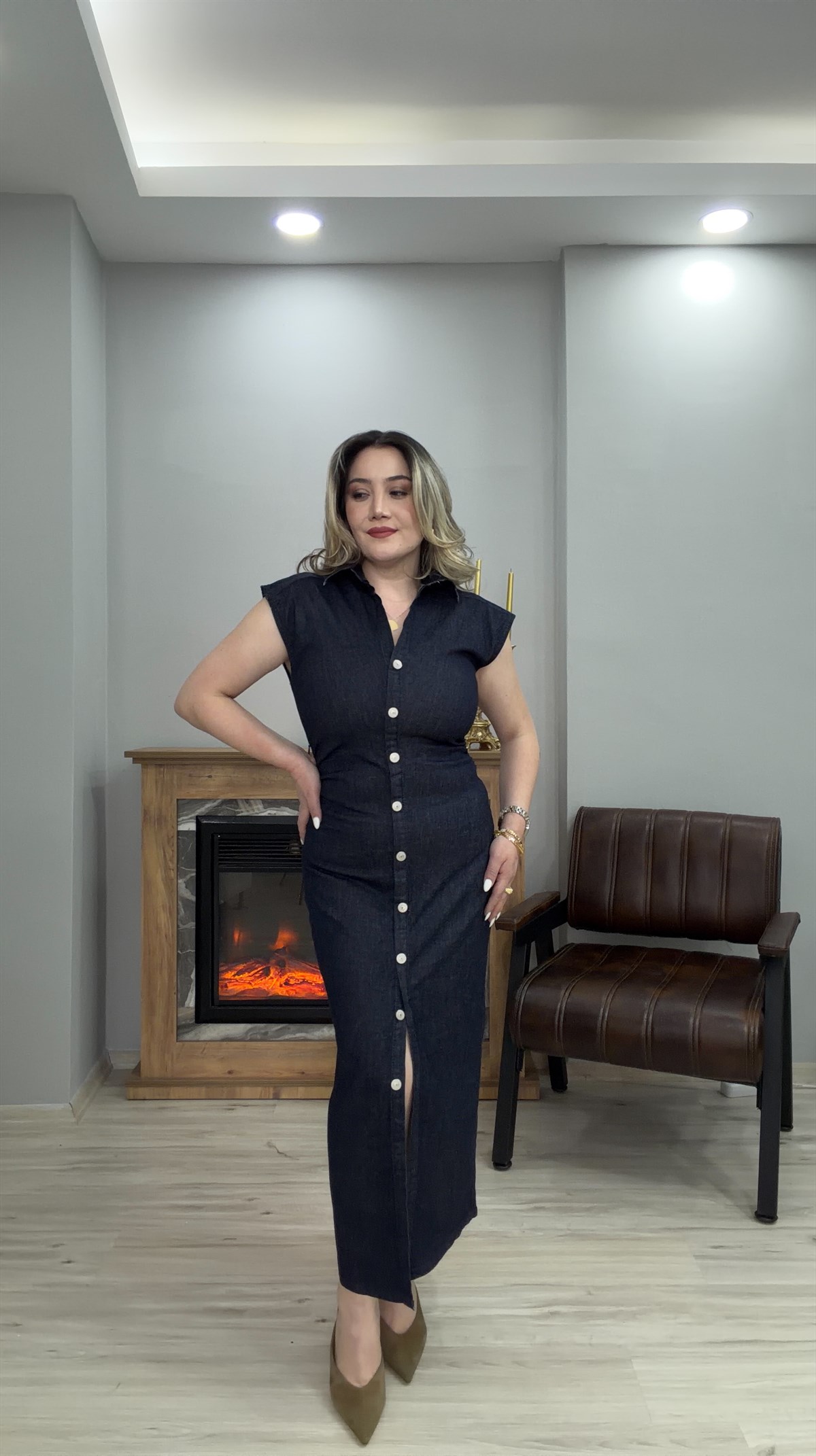 SIFIR KOL DÜĞMELİ JEAN ELBİSE LACİVERT 