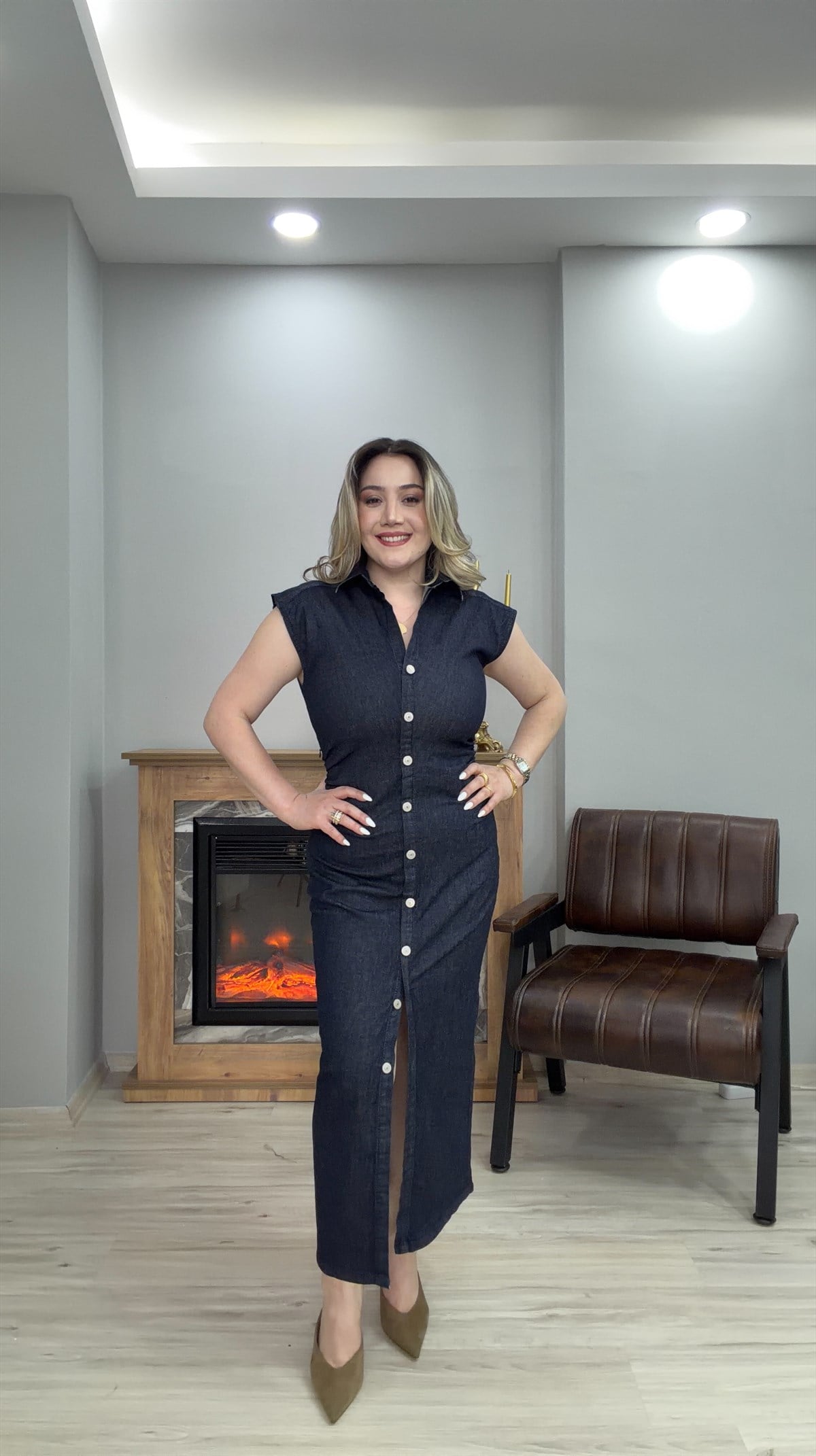 SIFIR KOL DÜĞMELİ JEAN ELBİSE LACİVERT 