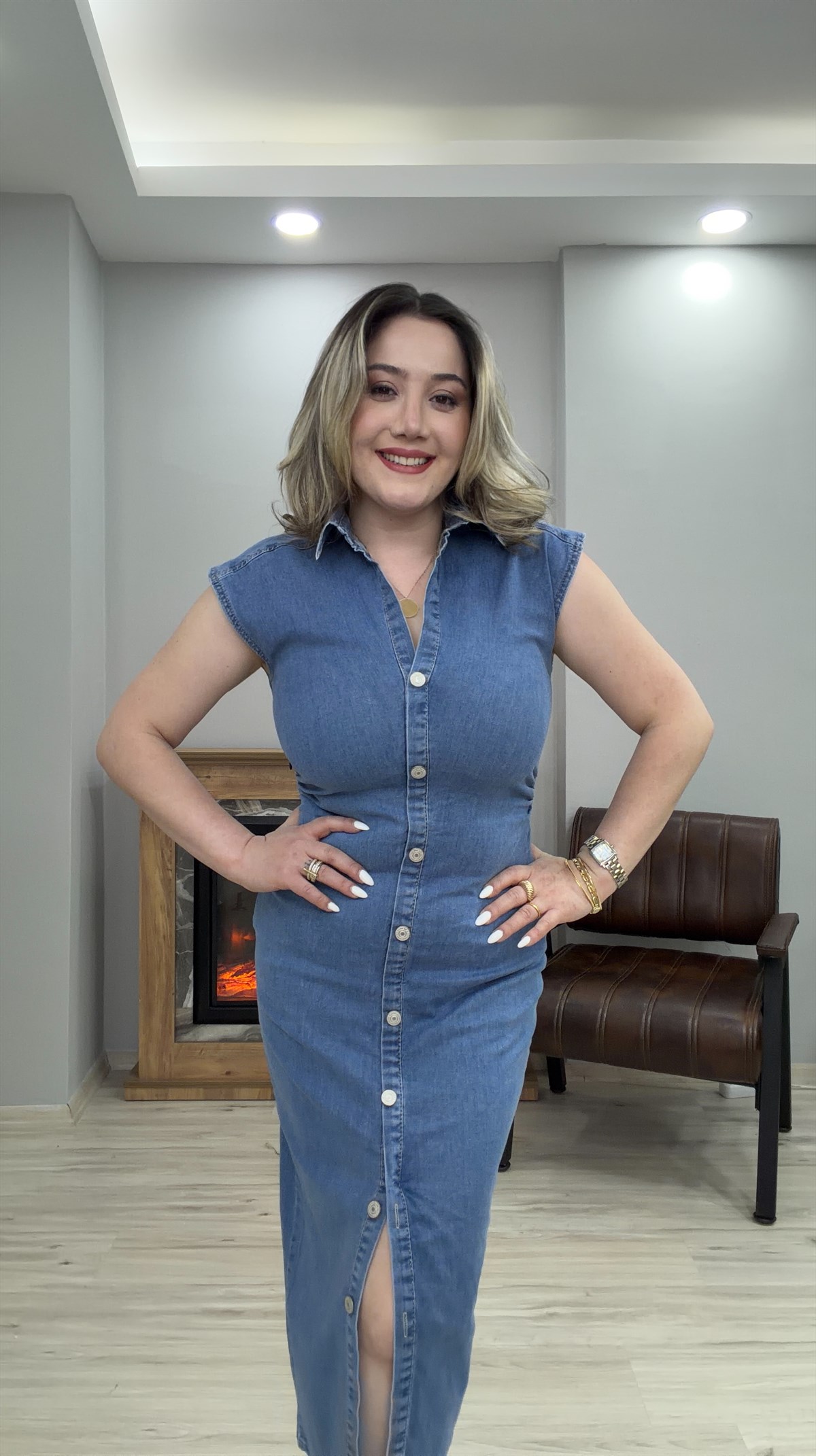 SIFIR KOL DÜĞMELİ JEAN ELBİSE MAVİ 