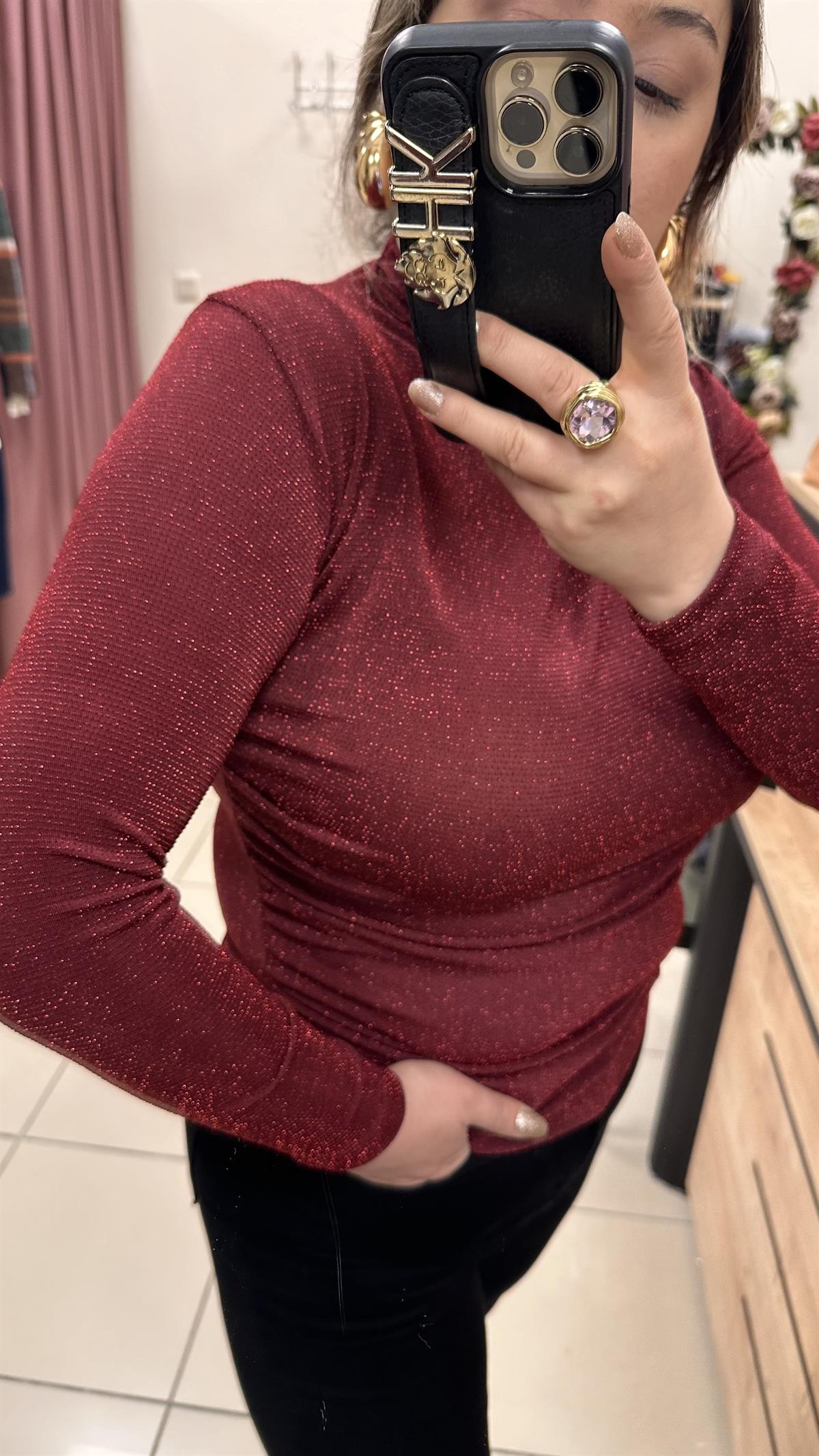 SİMLİ DRAPE DETAYLI BLUZ BORDO