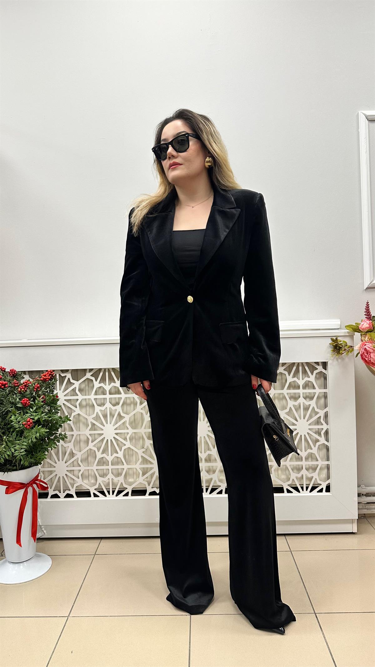 Siyah kadife ceket pantolon takım
