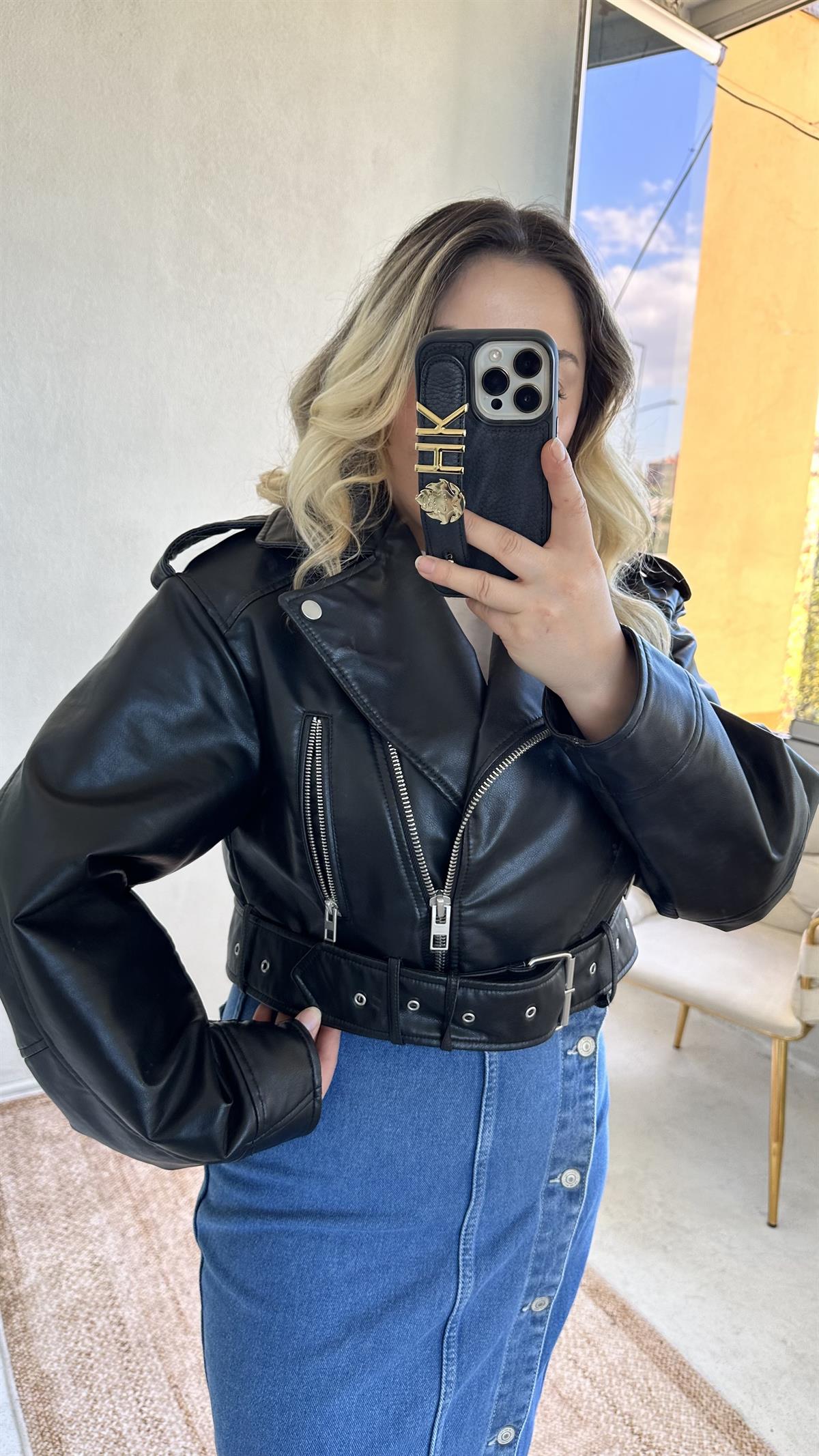 Suni Deri Crop Biker Ceket