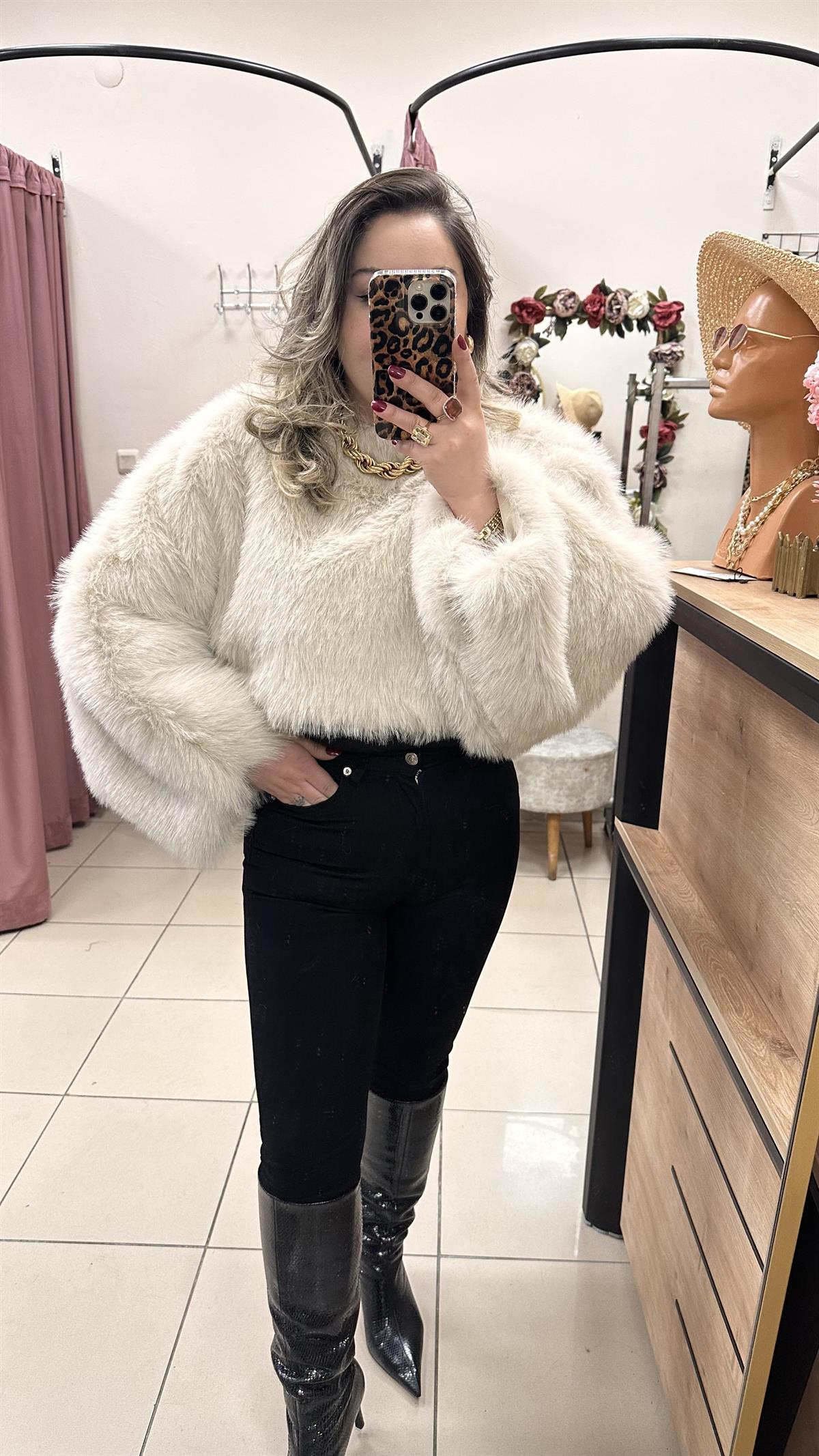 SUNİ KÜRK CROP TOP EKRU