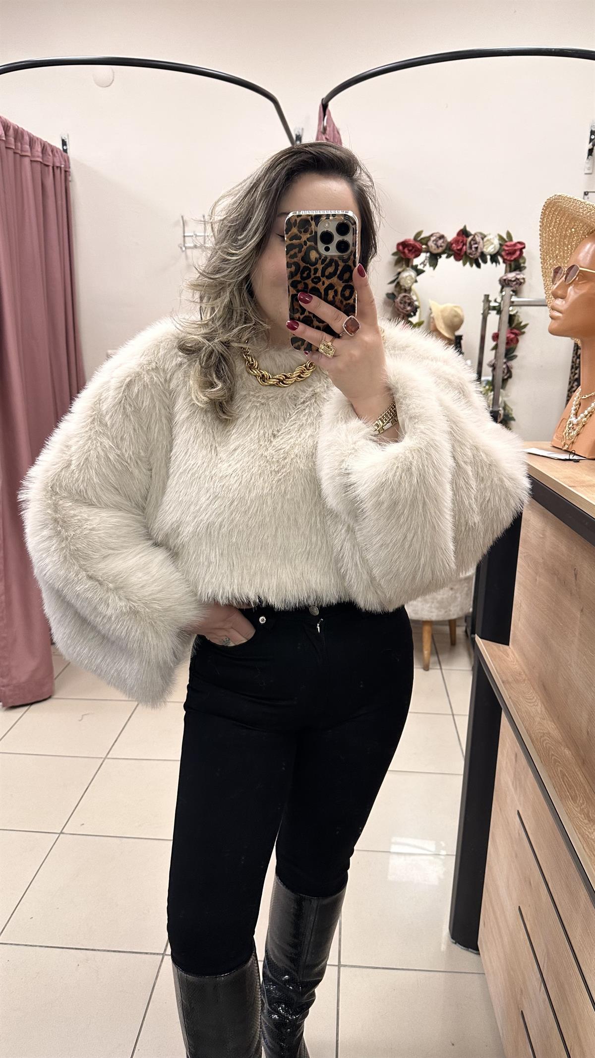 SUNİ KÜRK CROP TOP EKRU