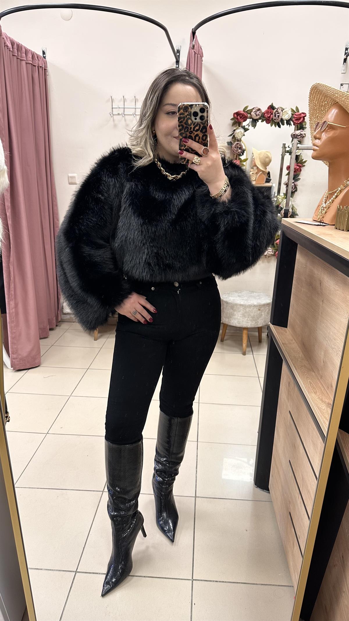 SUNİ KÜRK TOP CROP SİYAH