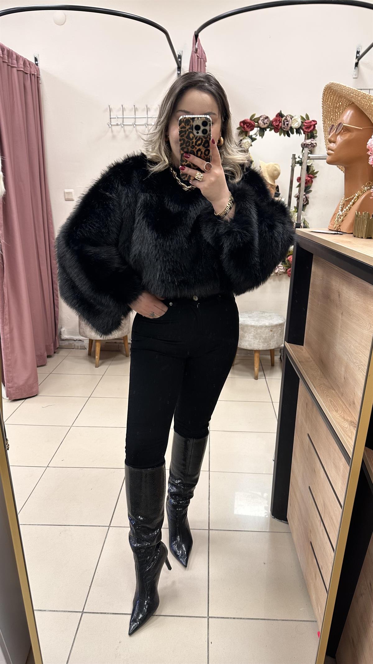 SUNİ KÜRK TOP CROP SİYAH