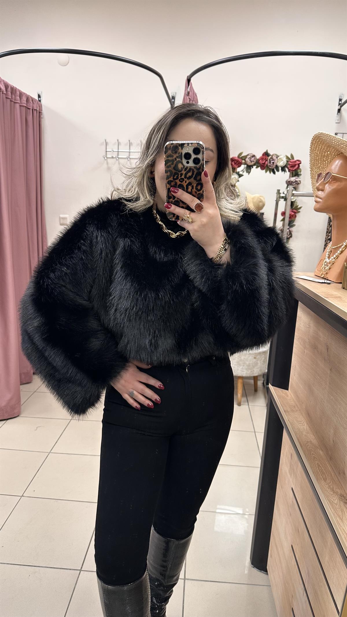 SUNİ KÜRK TOP CROP SİYAH