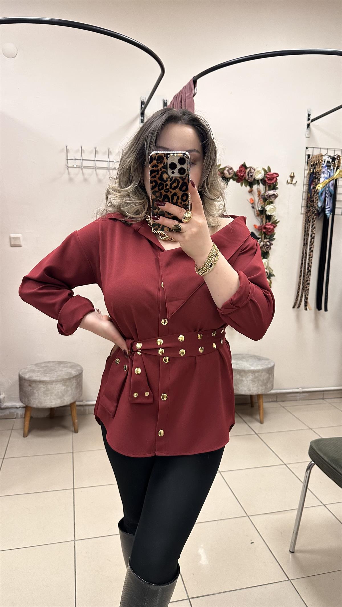 TASARIM BELDEN KUŞAKLI ZIMBALI GÖMLEK BORDO 
