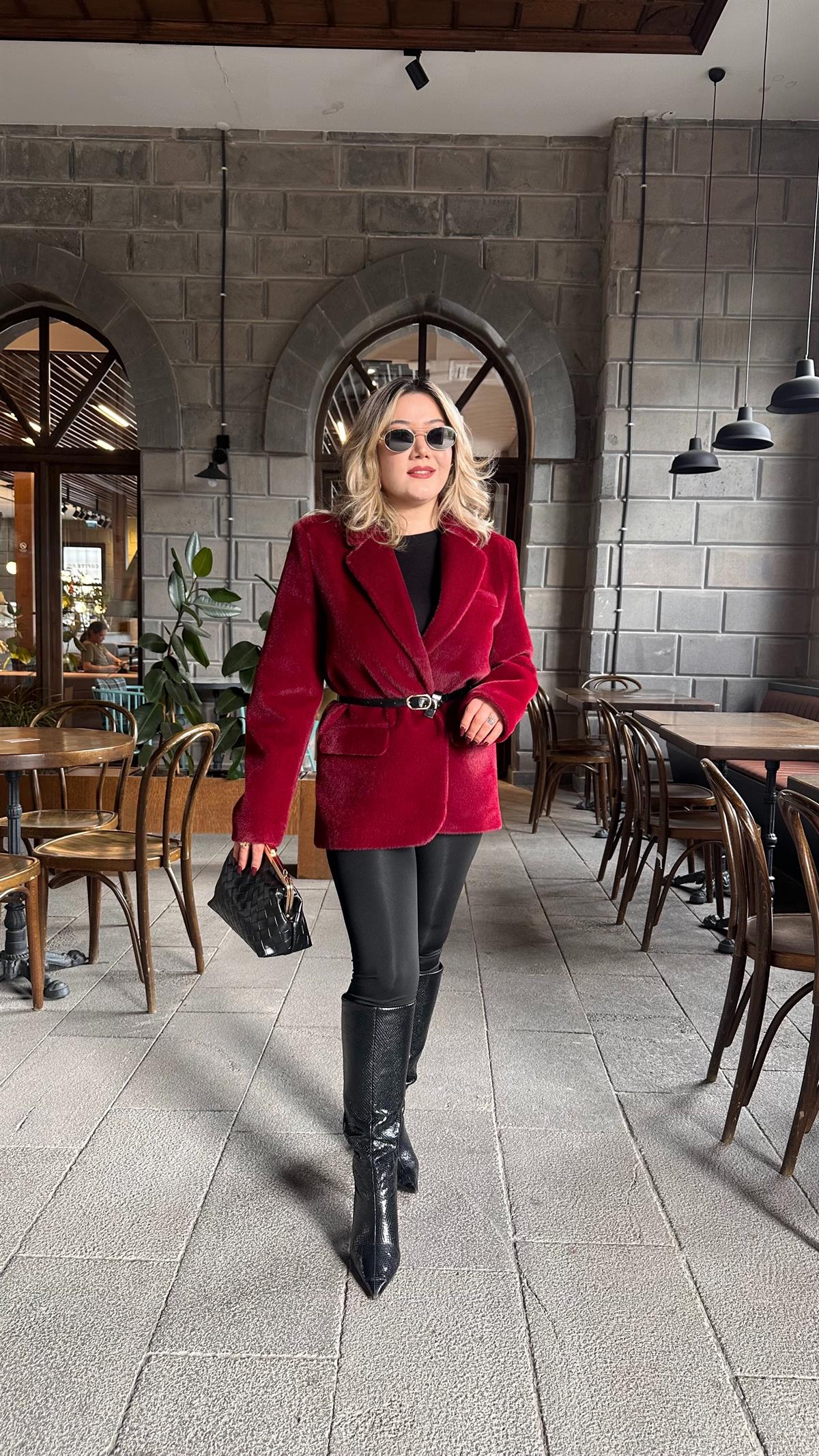 TAY TÜYLÜ KEMERLİ BLAZER CEKET BORDO