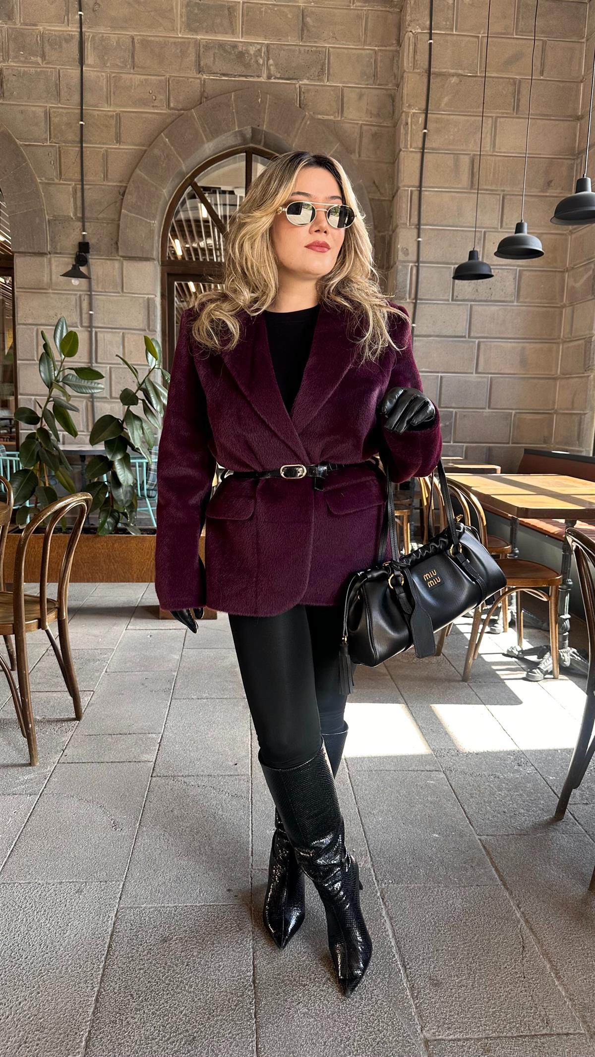 TAY TÜYLÜ KEMERLİ BLAZER CEKET MÜRDÜM
