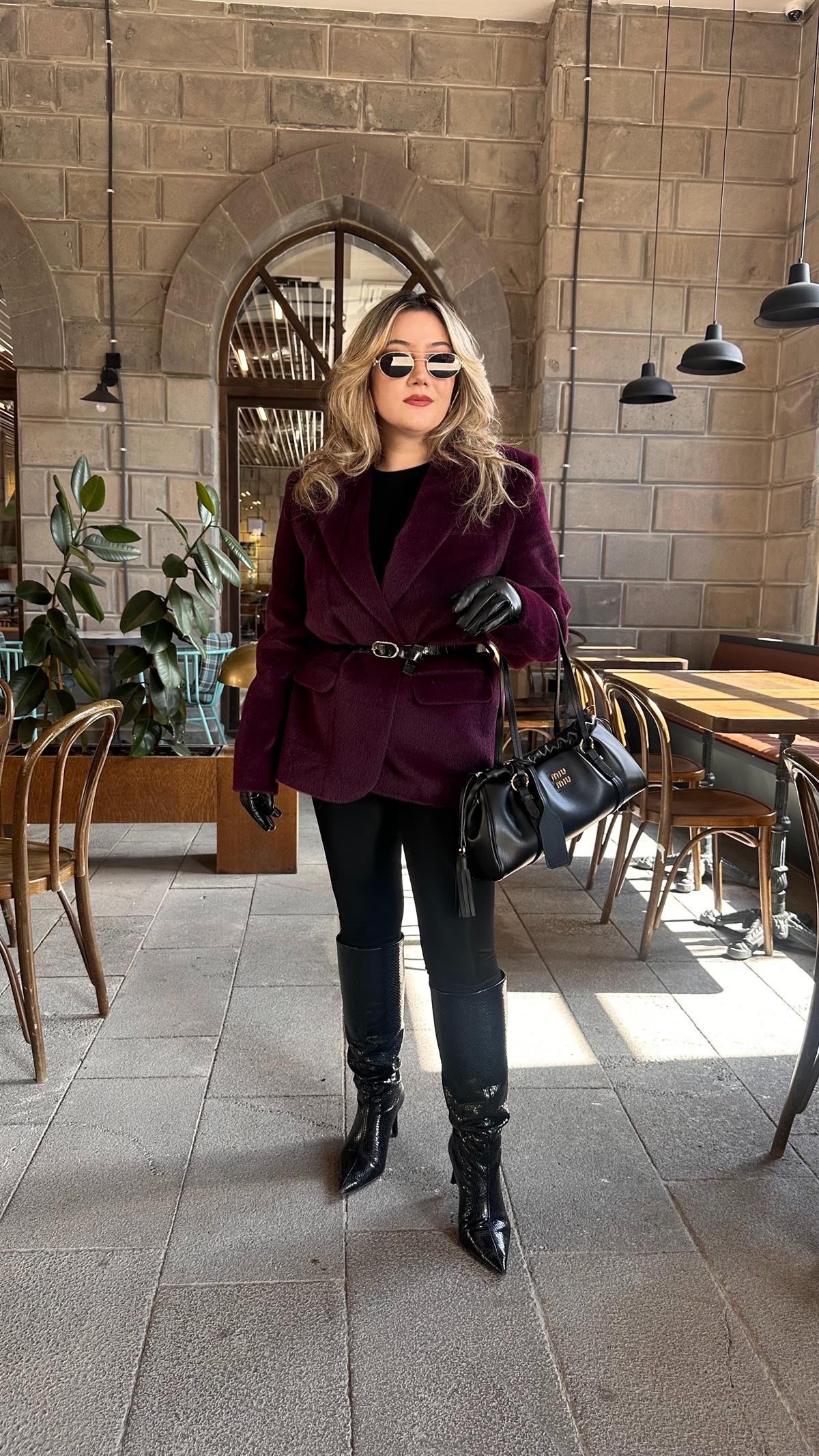 TAY TÜYLÜ KEMERLİ BLAZER CEKET MÜRDÜM