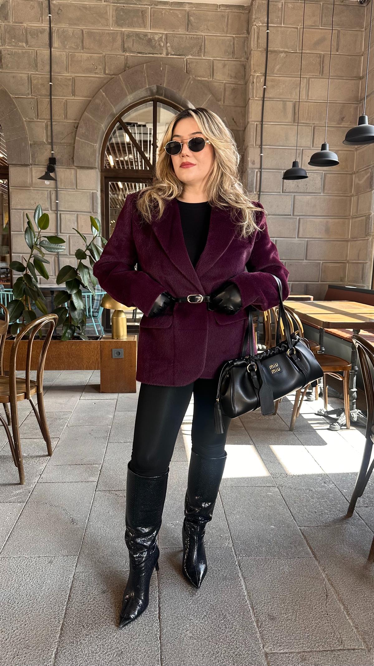 TAY TÜYLÜ KEMERLİ BLAZER CEKET MÜRDÜM