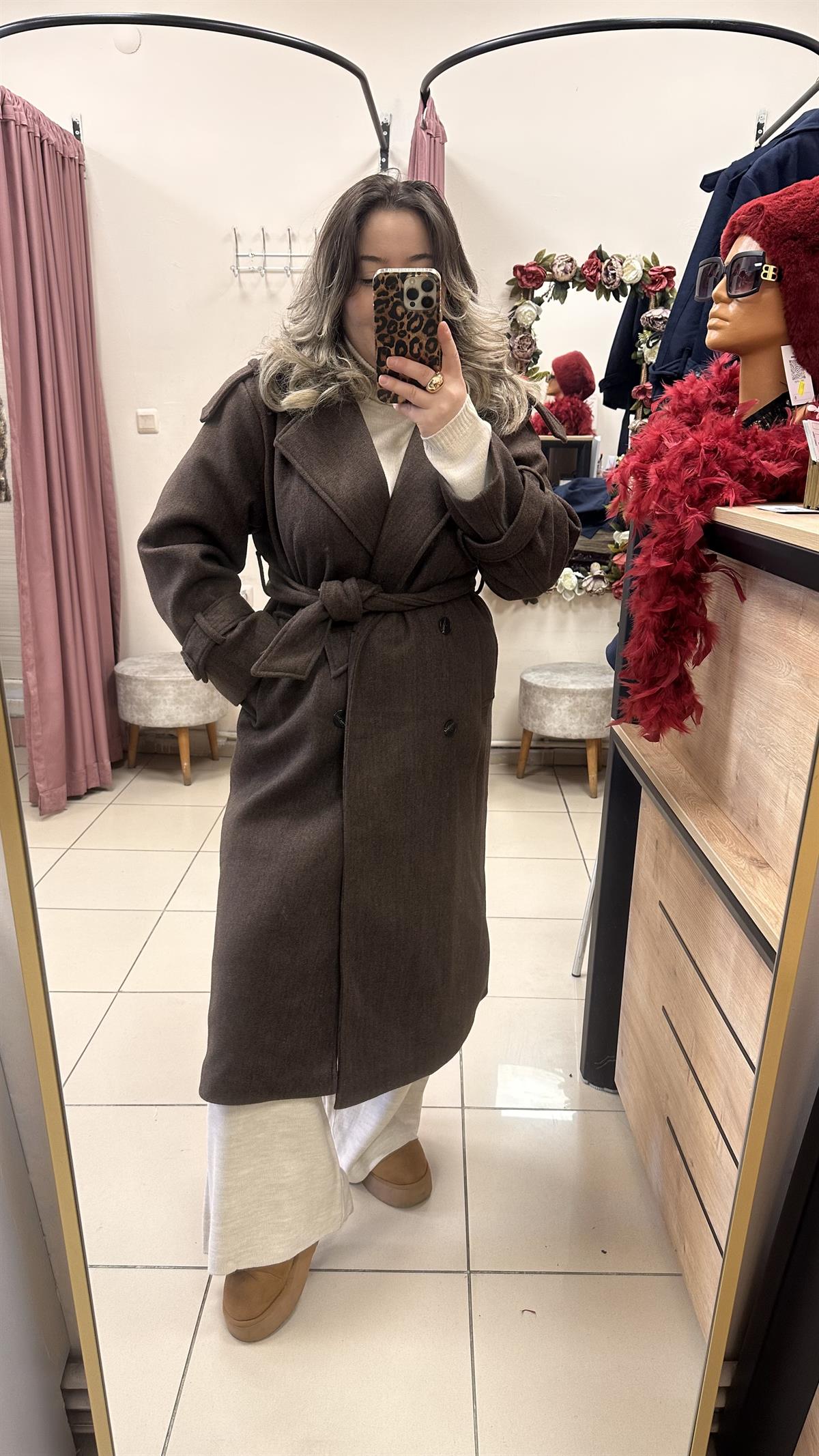 TRENÇ MODEL BELDEN KUŞAKLI KAŞE KABAN KAHVE