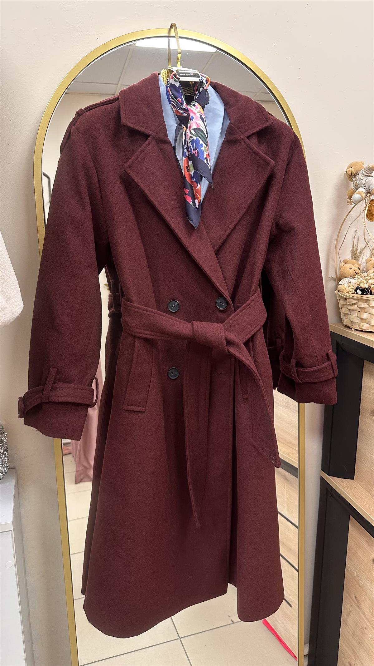 TRENÇ MODEL BELDEN KUŞAKLI KAŞE KABAN BORDO