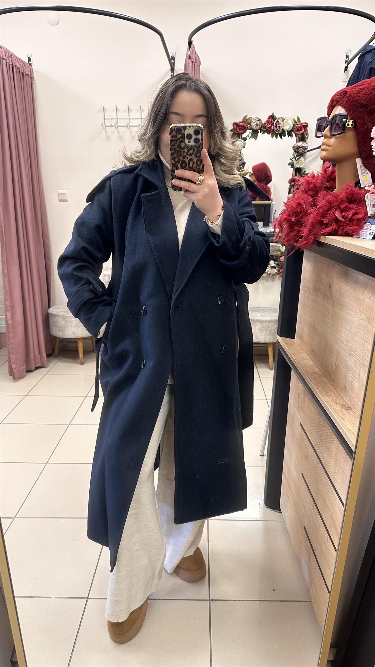 TRENÇ MODEL BELDEN KUŞAKLI KAŞE KABAN LACİVERT