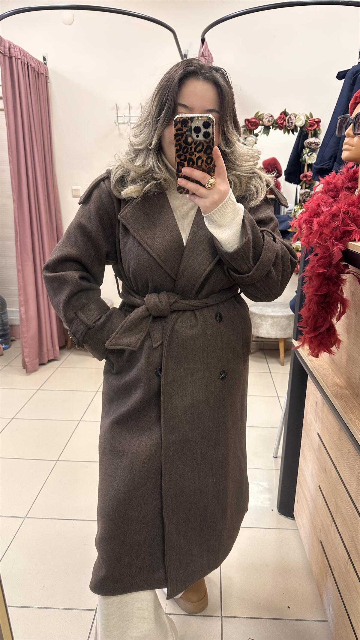 TRENÇ MODEL BELDEN KUŞAKLI KAŞE KABAN KAHVE