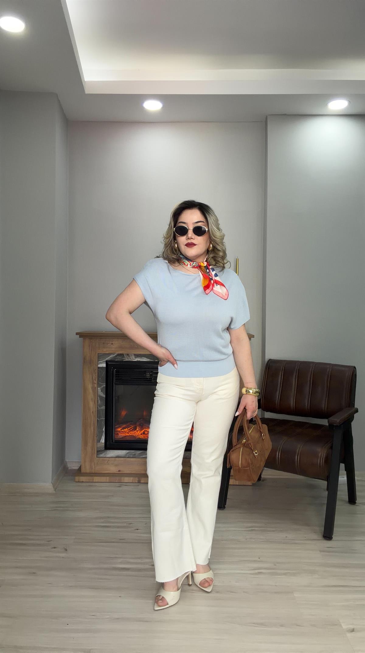 TRİKO KAYIK YAKA BLUZ MAVİ