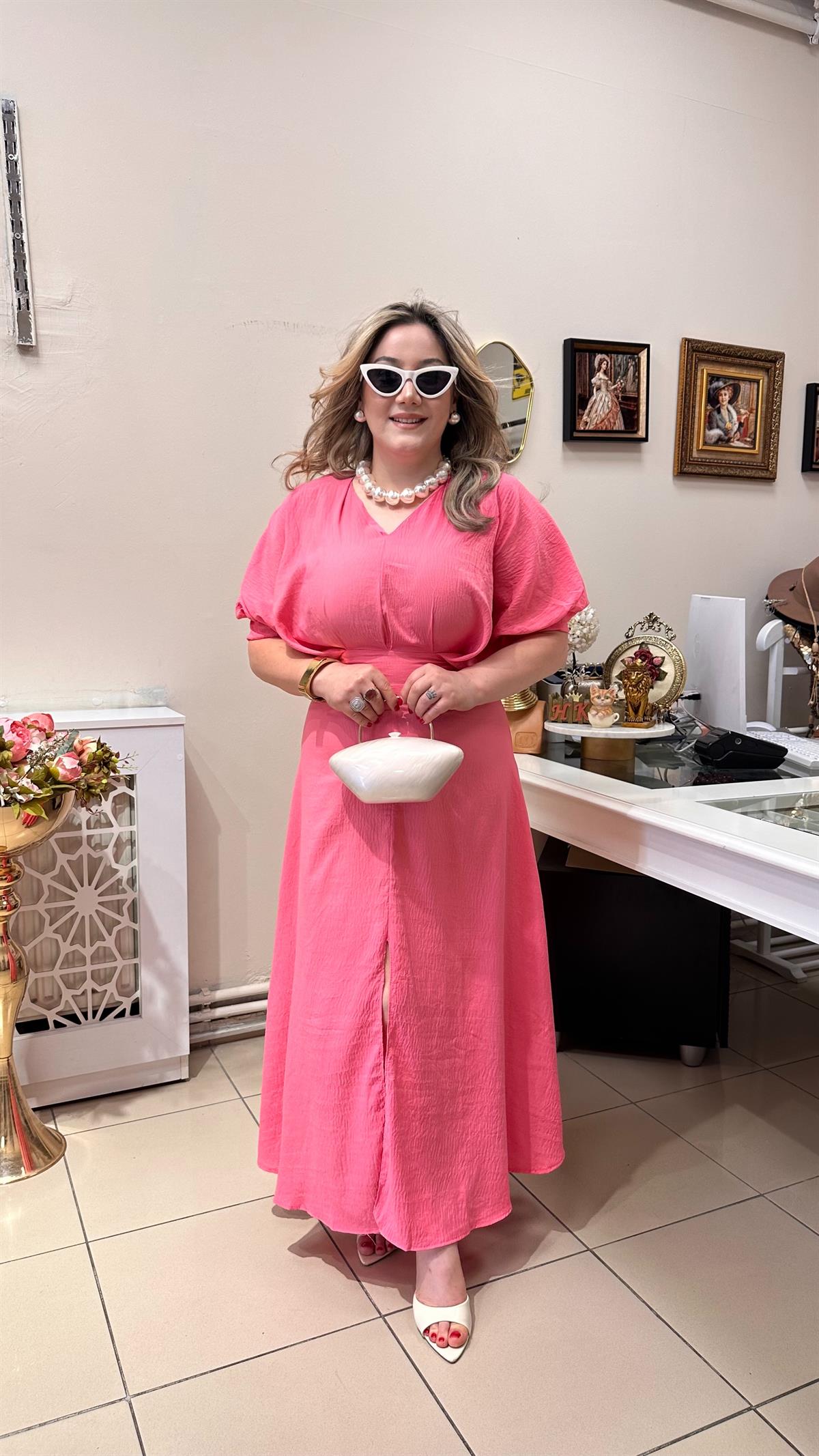 V YAKA KISA KOLLU UZUN ELBİSE PEMBE